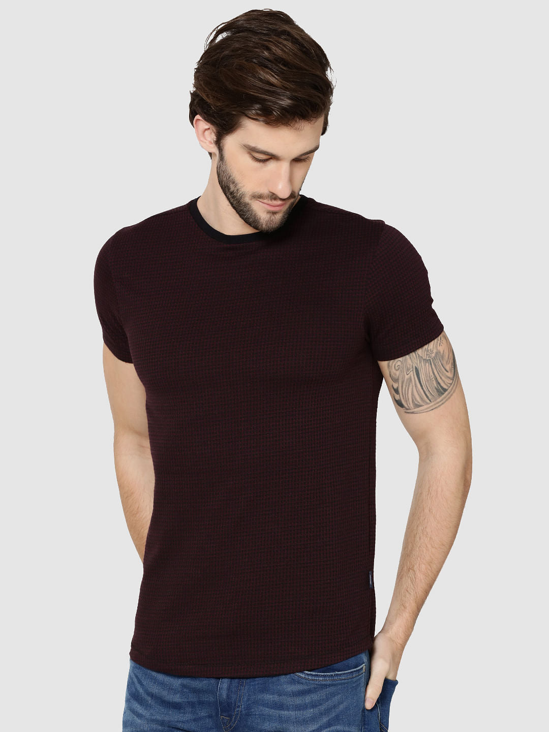Burgundy Jacquard Crew Neck T-Shirt - S