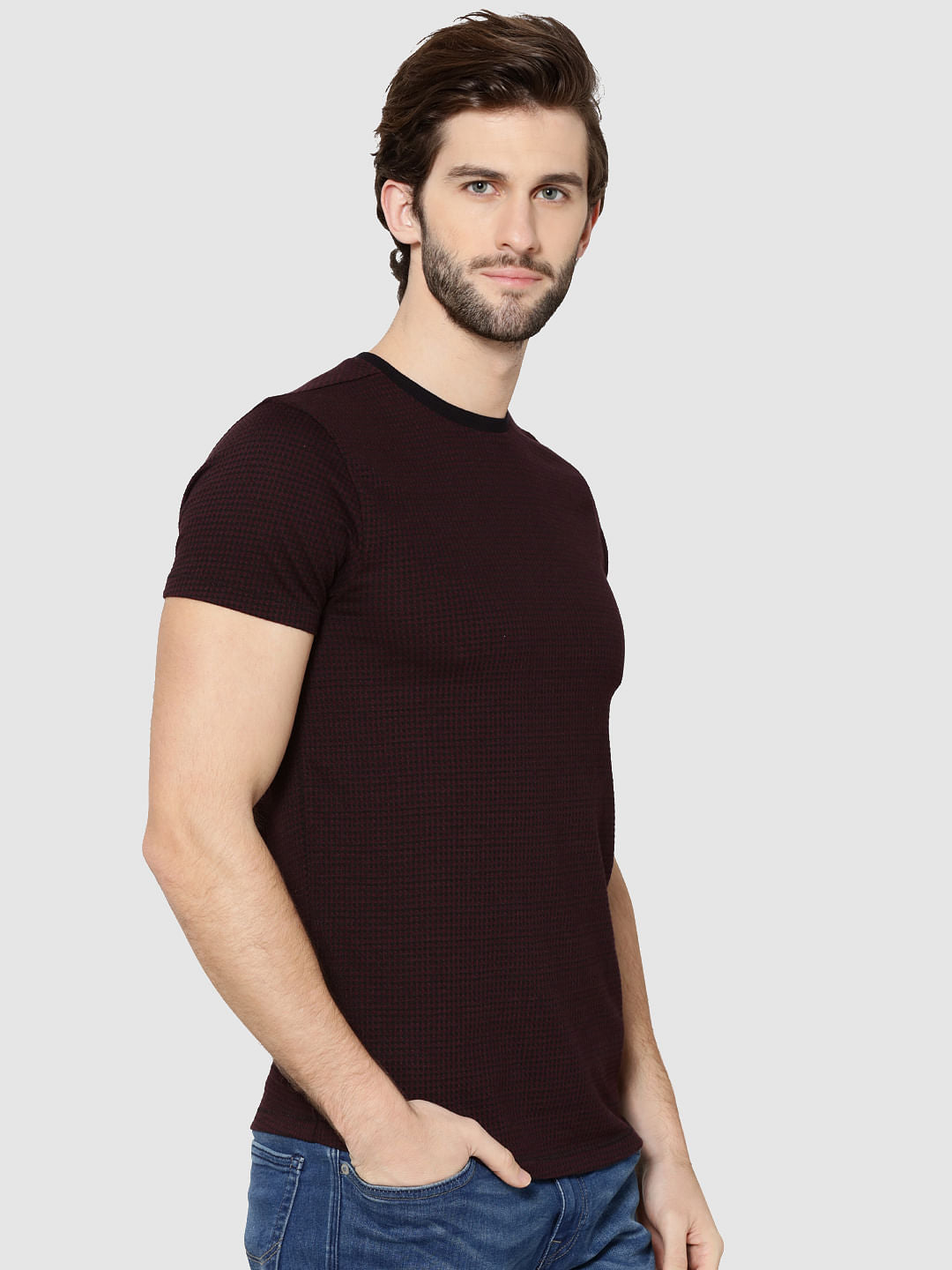 Burgundy Jacquard Crew Neck T-Shirt