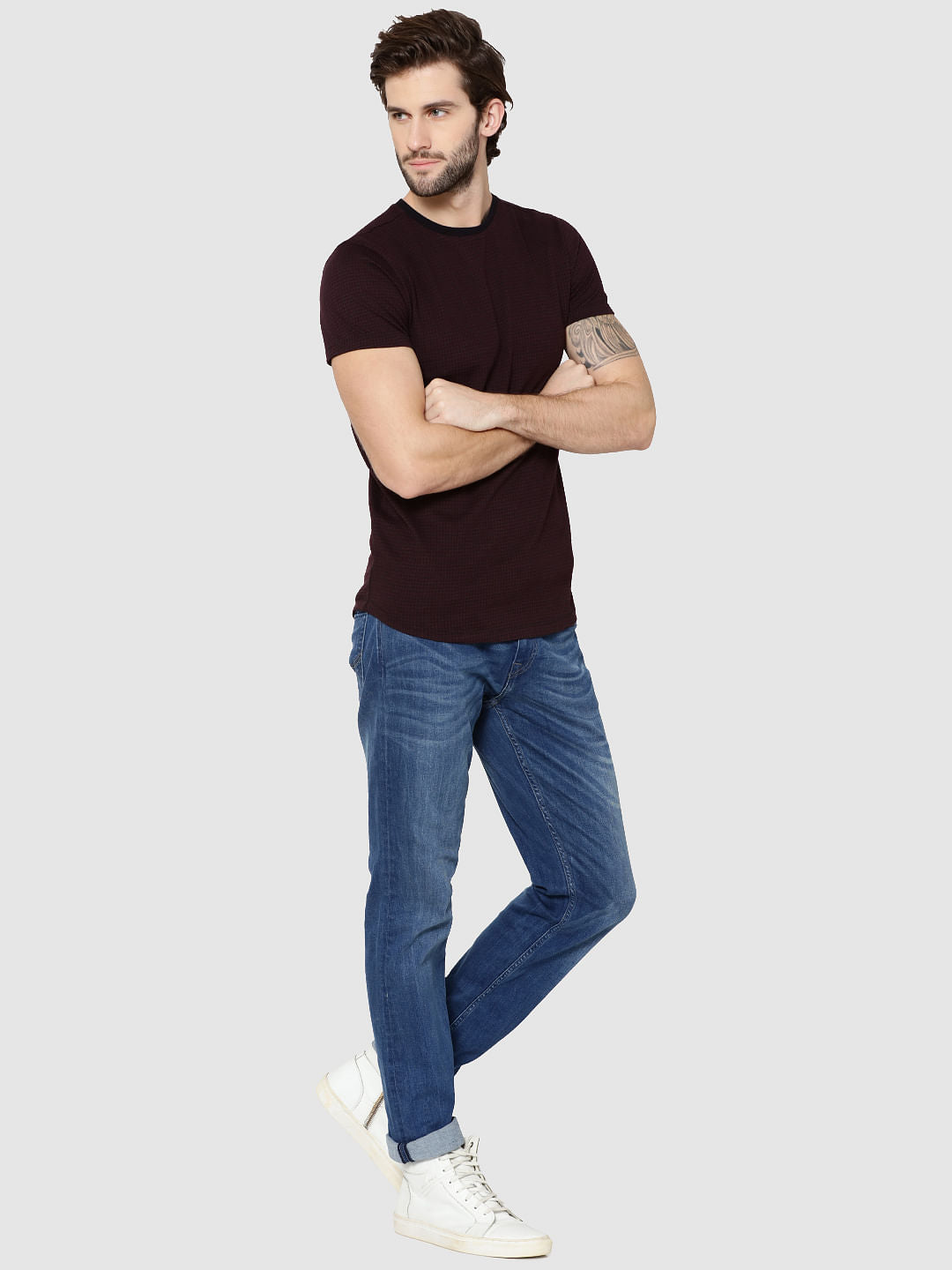 Burgundy Jacquard Crew Neck T-Shirt