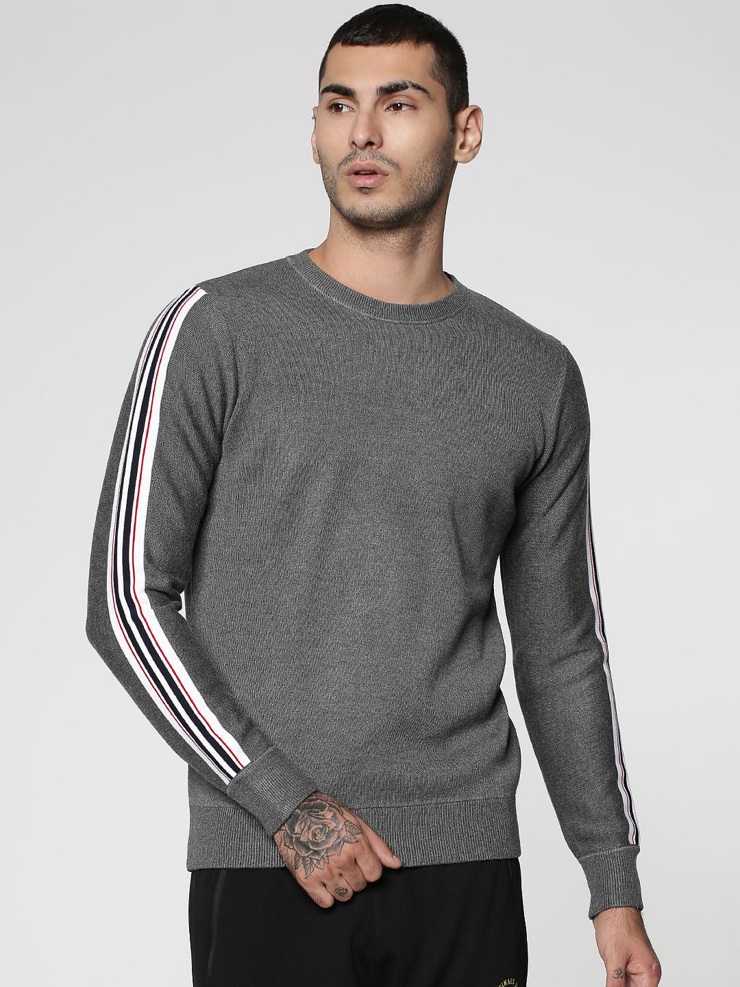 Grey Stripe Tape Detail Crew Neck Sweatshirt - S