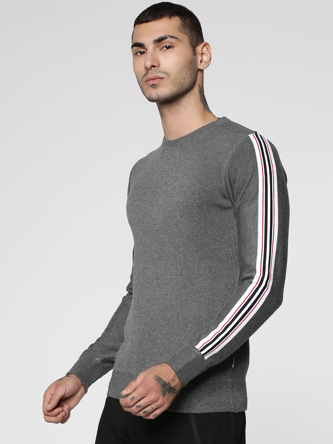 Grey Stripe Tape Detail Crew Neck Sweatshirt