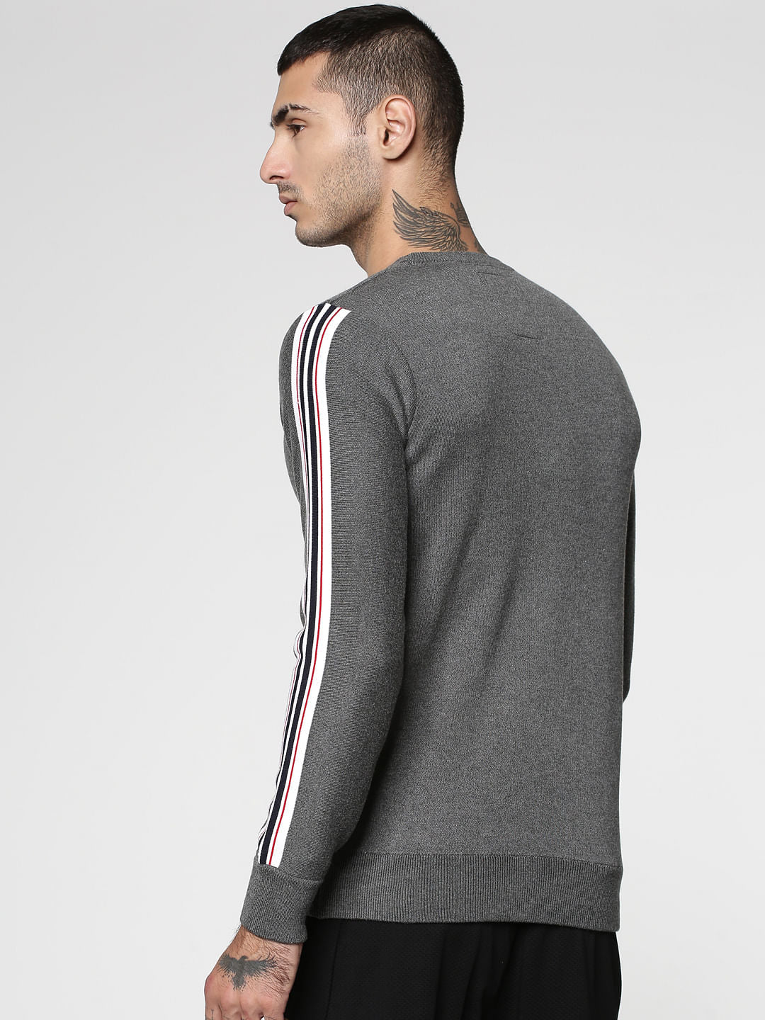 Grey Stripe Tape Detail Crew Neck Sweatshirt