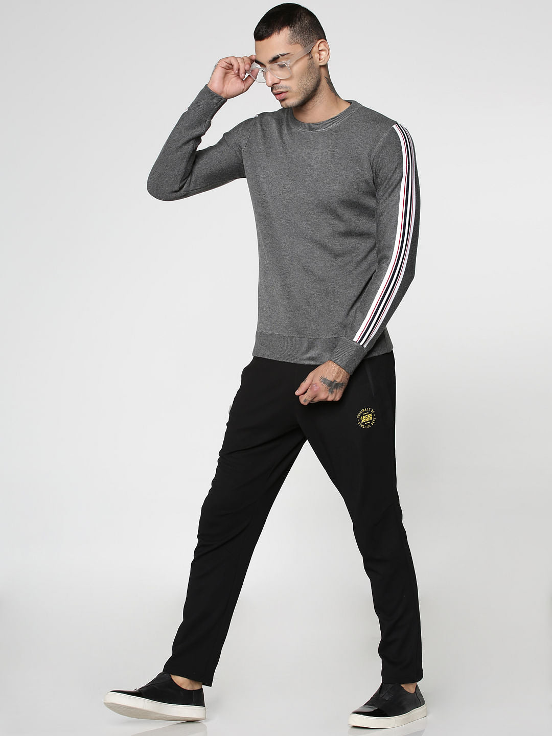 Grey Stripe Tape Detail Crew Neck Sweatshirt