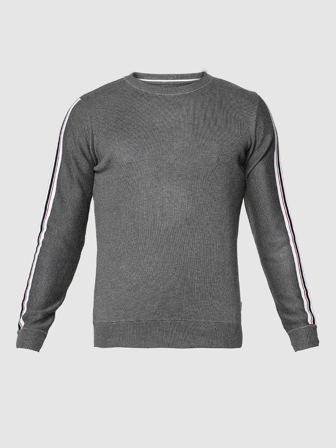 Grey Stripe Tape Detail Crew Neck Sweatshirt
