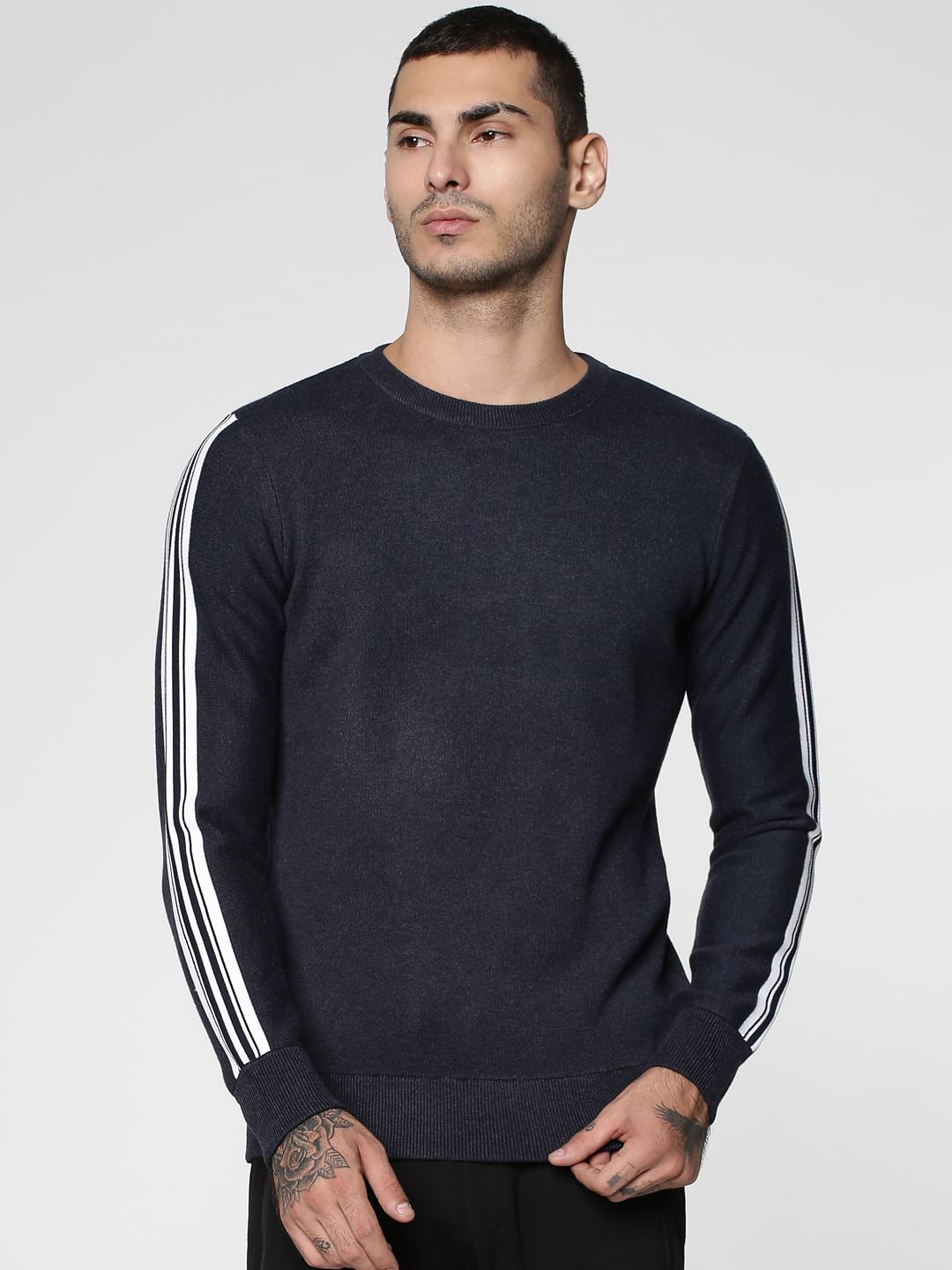 Blue Stripe Tape Detail Crew Neck Sweatshirt - S