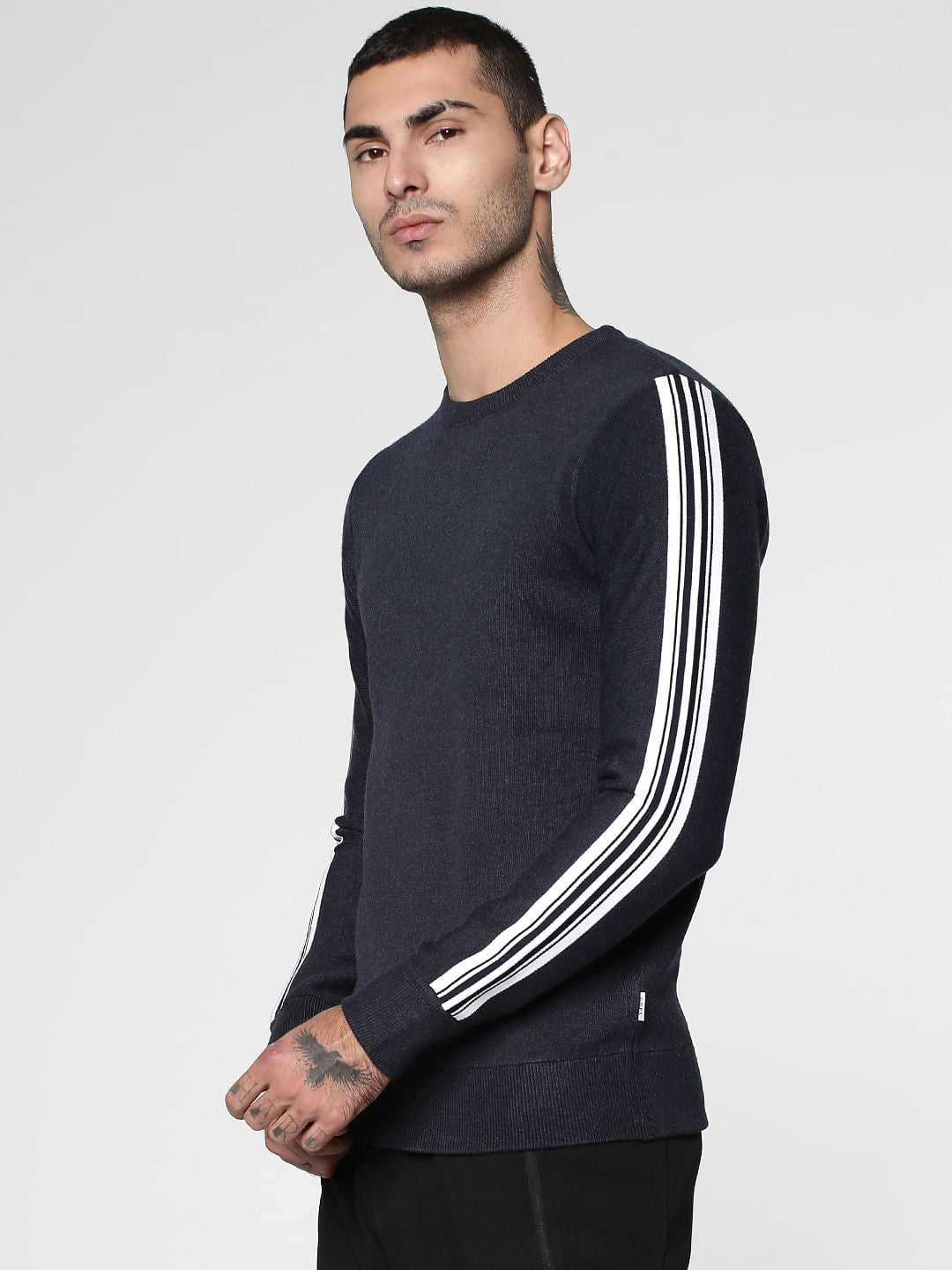 Blue Stripe Tape Detail Crew Neck Sweatshirt