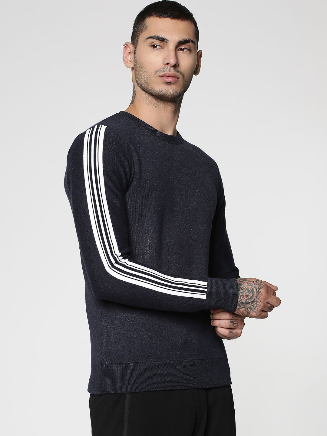 Blue Stripe Tape Detail Crew Neck Sweatshirt