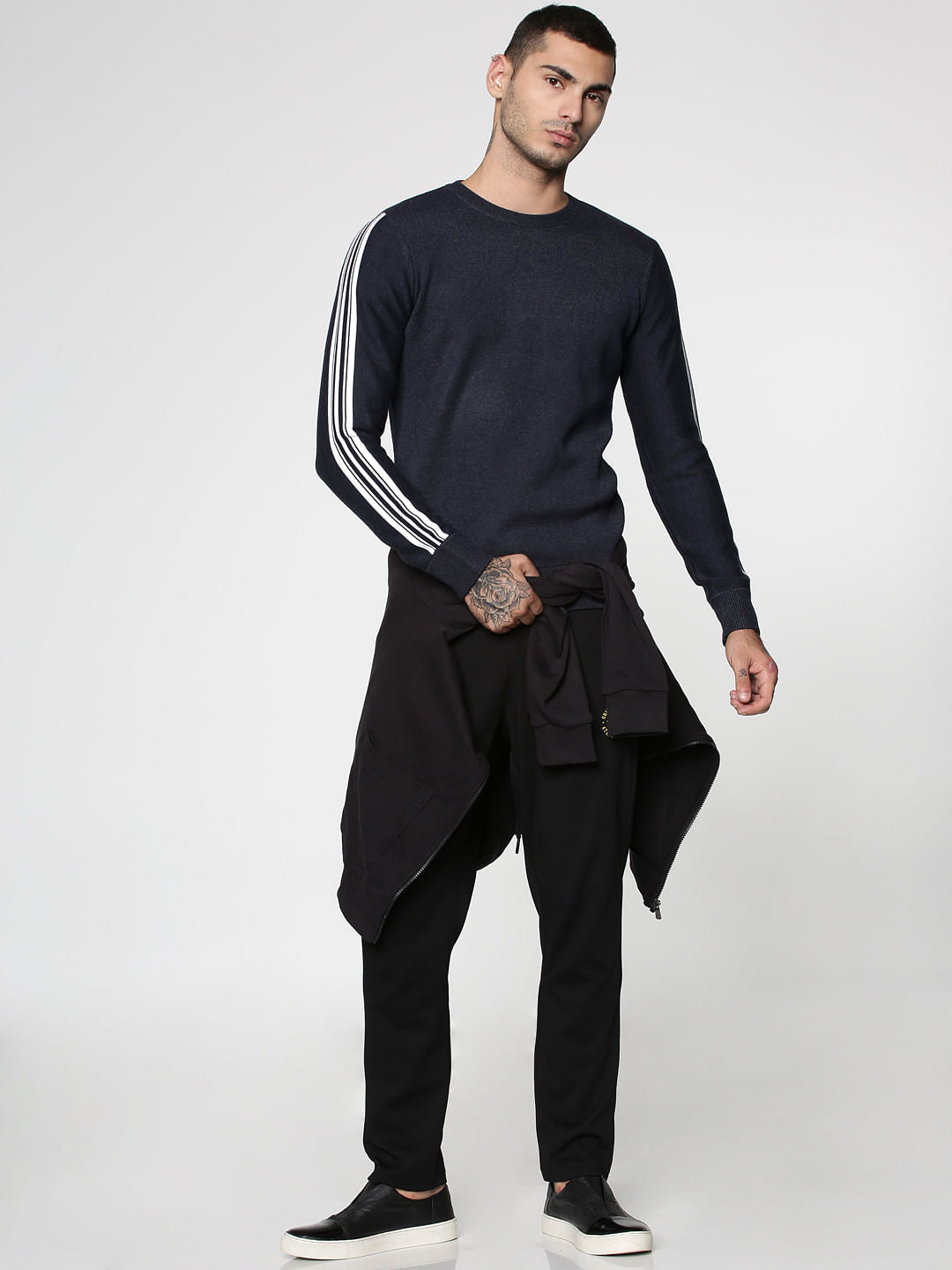 Blue Stripe Tape Detail Crew Neck Sweatshirt