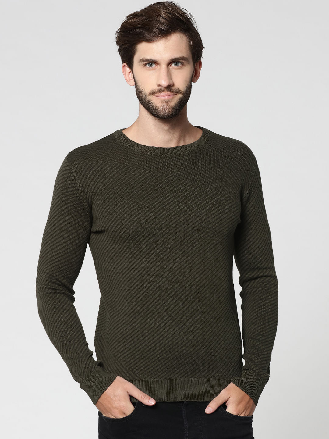 Olive Green Jacquard Crew Neck Sweatshirt