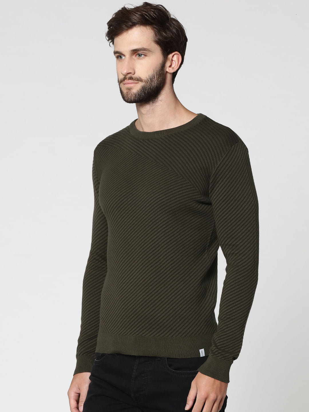 Olive Green Jacquard Crew Neck Sweatshirt