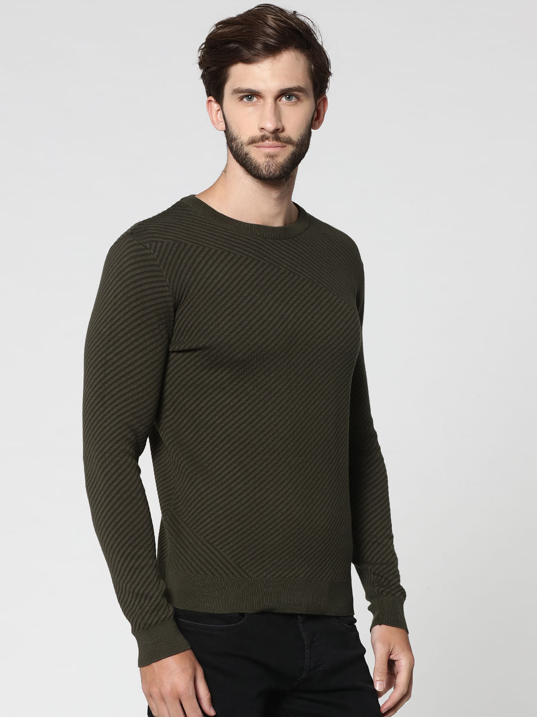 Olive Green Jacquard Crew Neck Sweatshirt