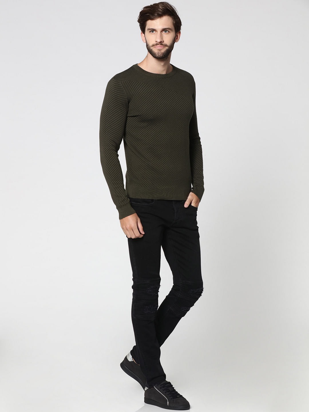 Olive Green Jacquard Crew Neck Sweatshirt