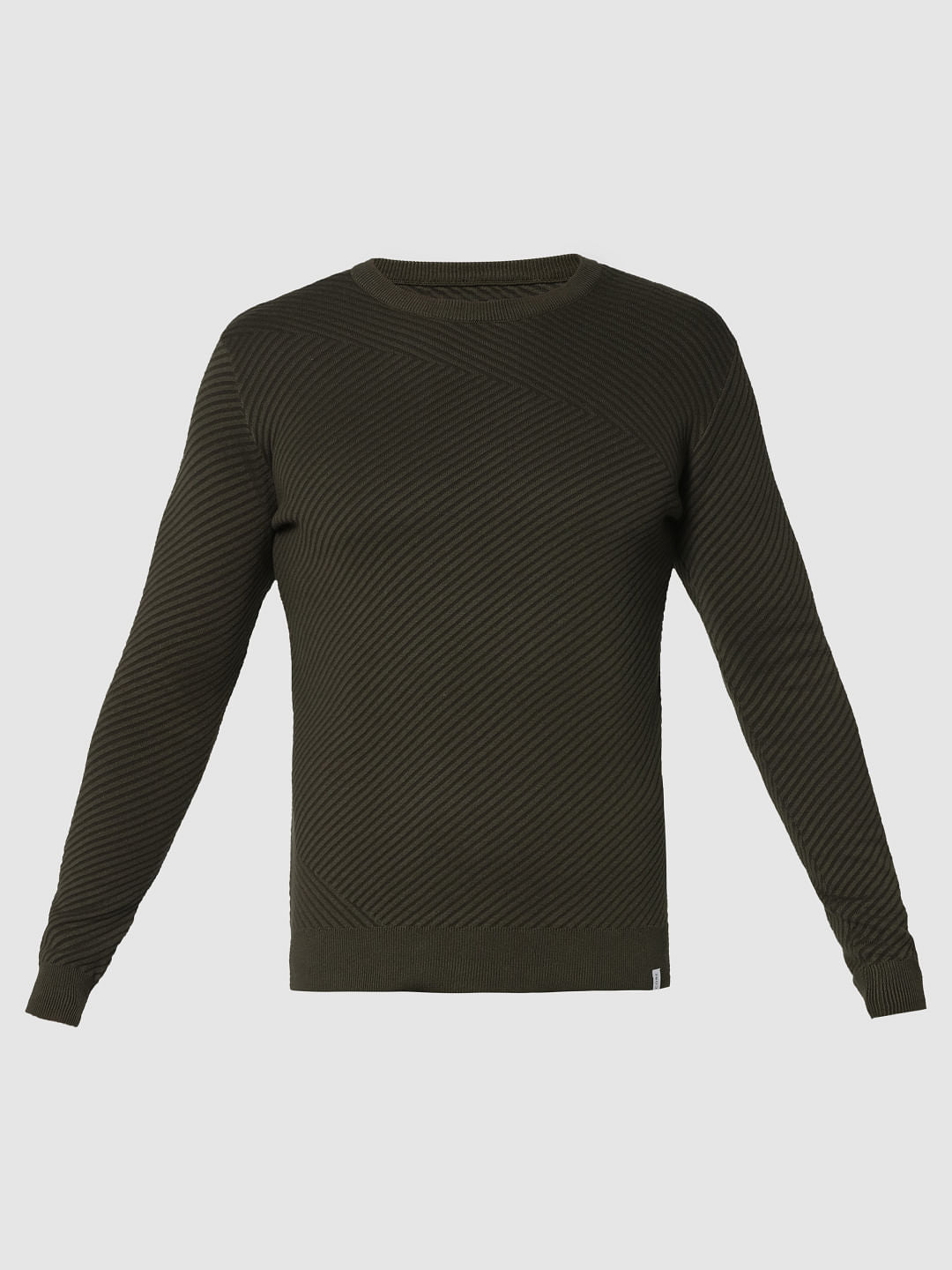 Olive Green Jacquard Crew Neck Sweatshirt