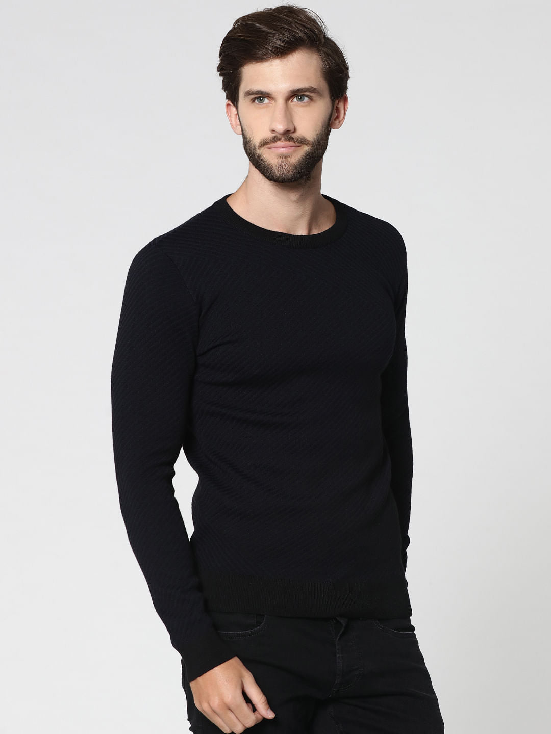 Black Jacquard Crew Neck Sweatshirt