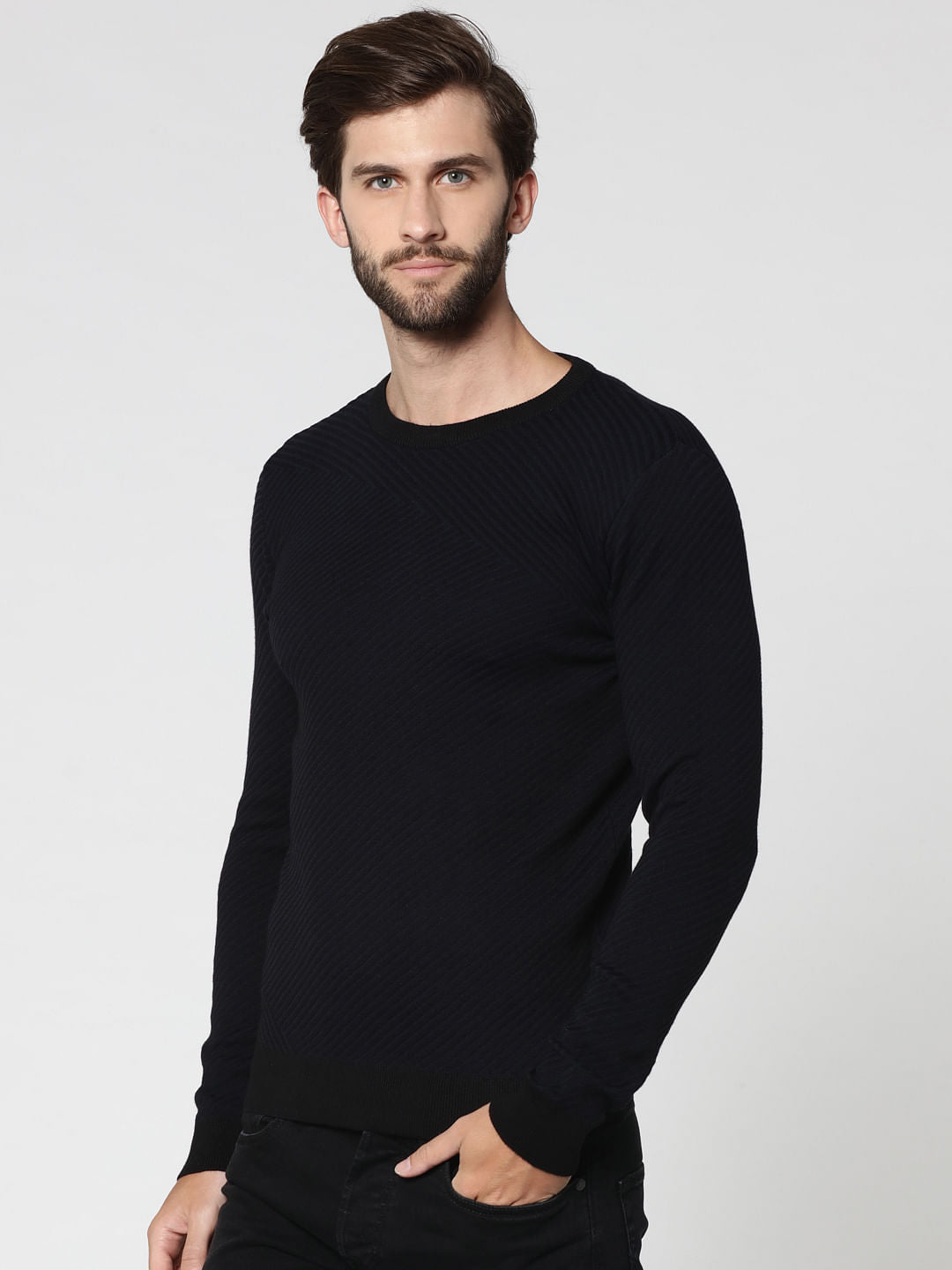 Black Jacquard Crew Neck Sweatshirt