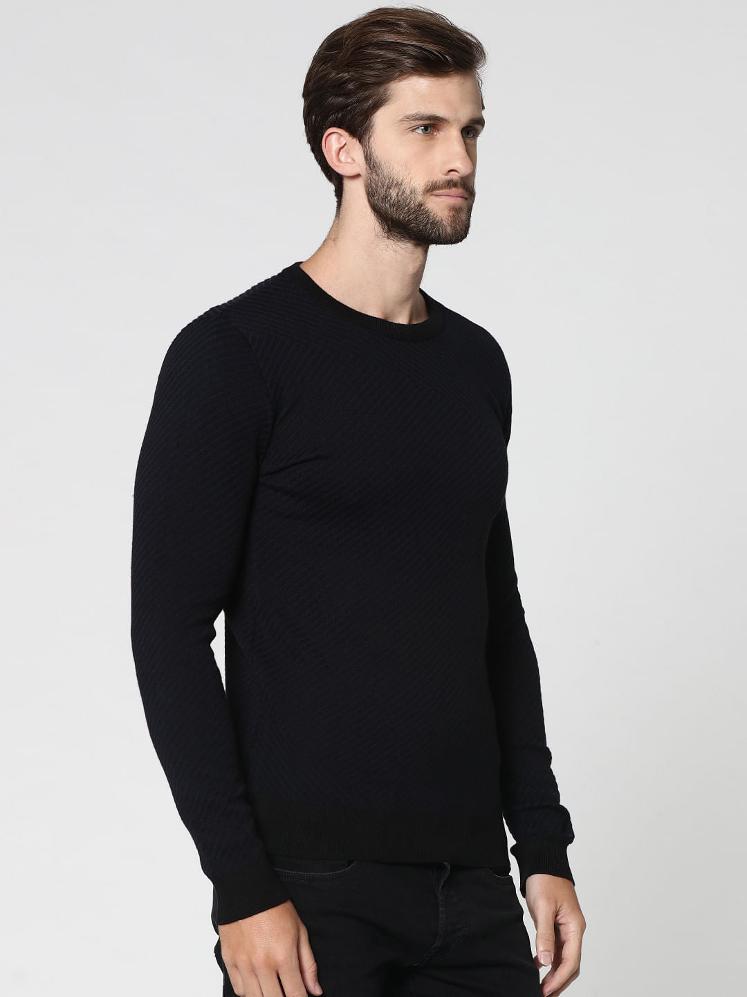 Black Jacquard Crew Neck Sweatshirt