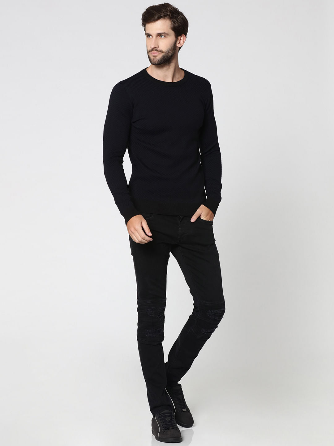 Black Jacquard Crew Neck Sweatshirt