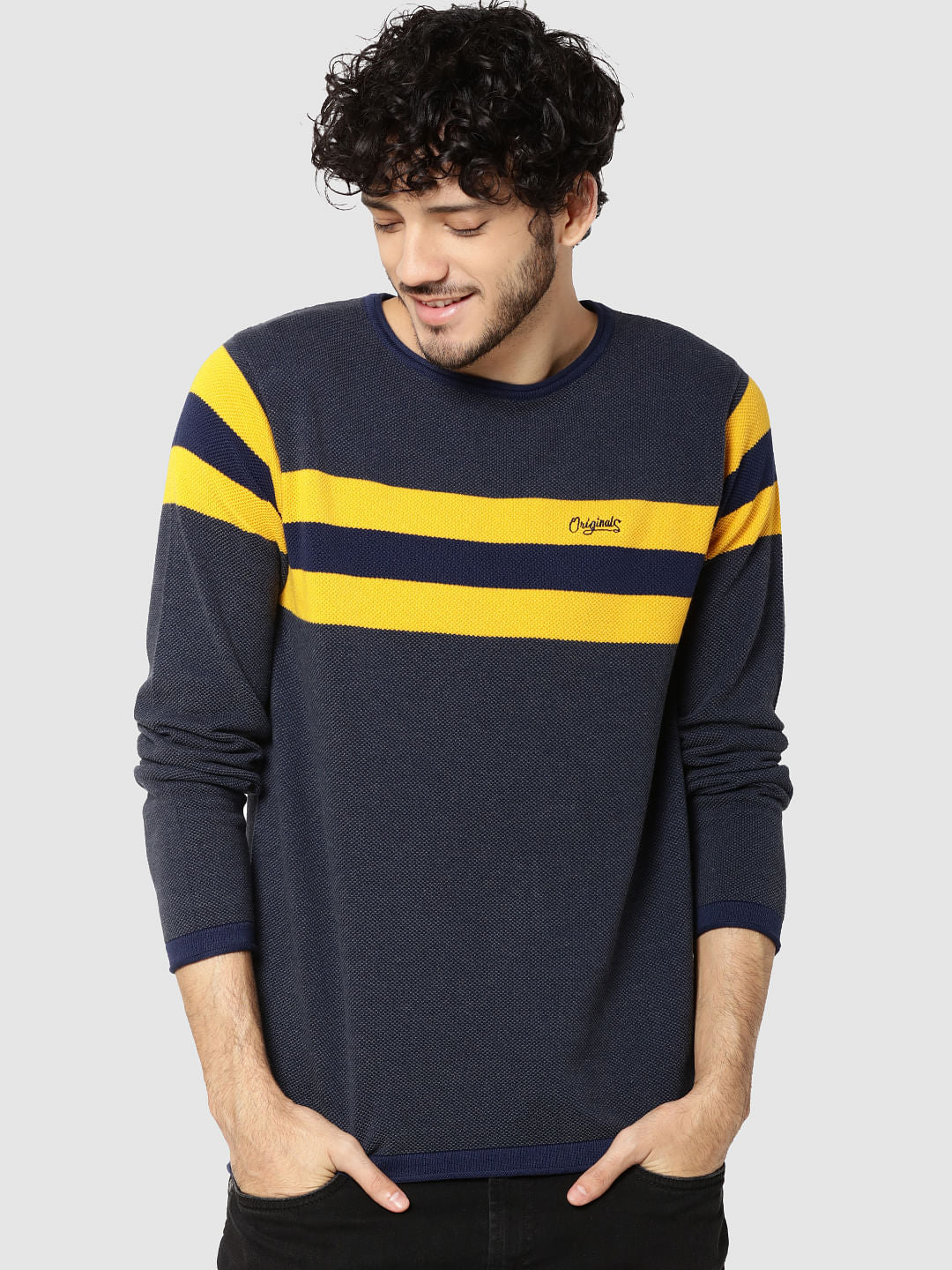 Yellow Striped Full Sleeves Crew Neck T-Shirt - S