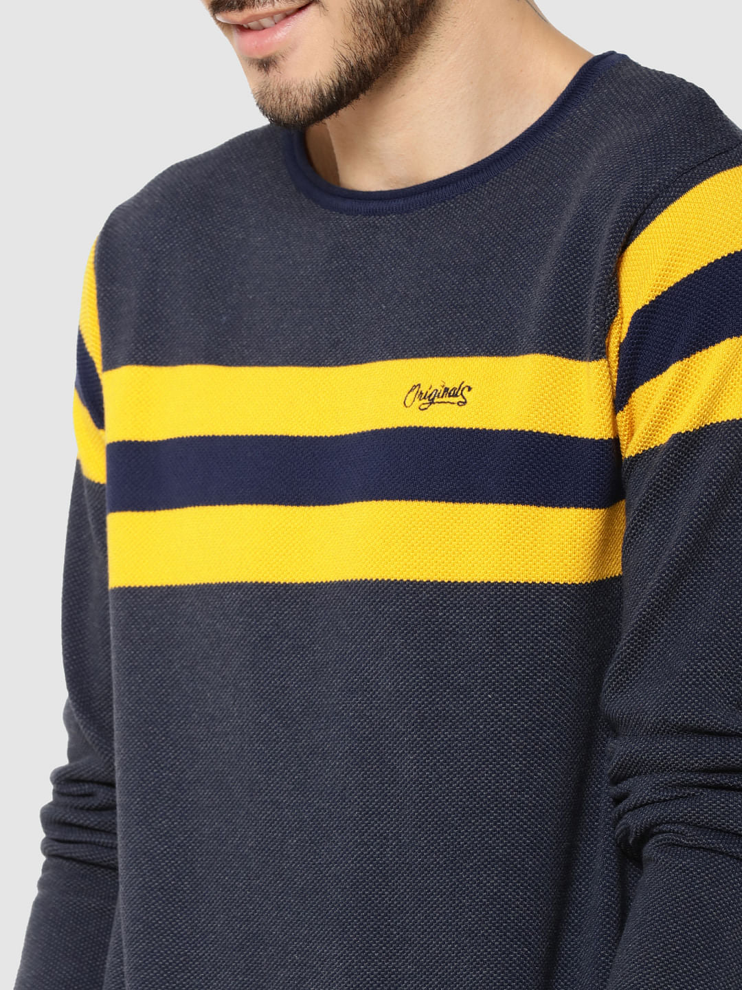 Yellow Striped Full Sleeves Crew Neck T-Shirt