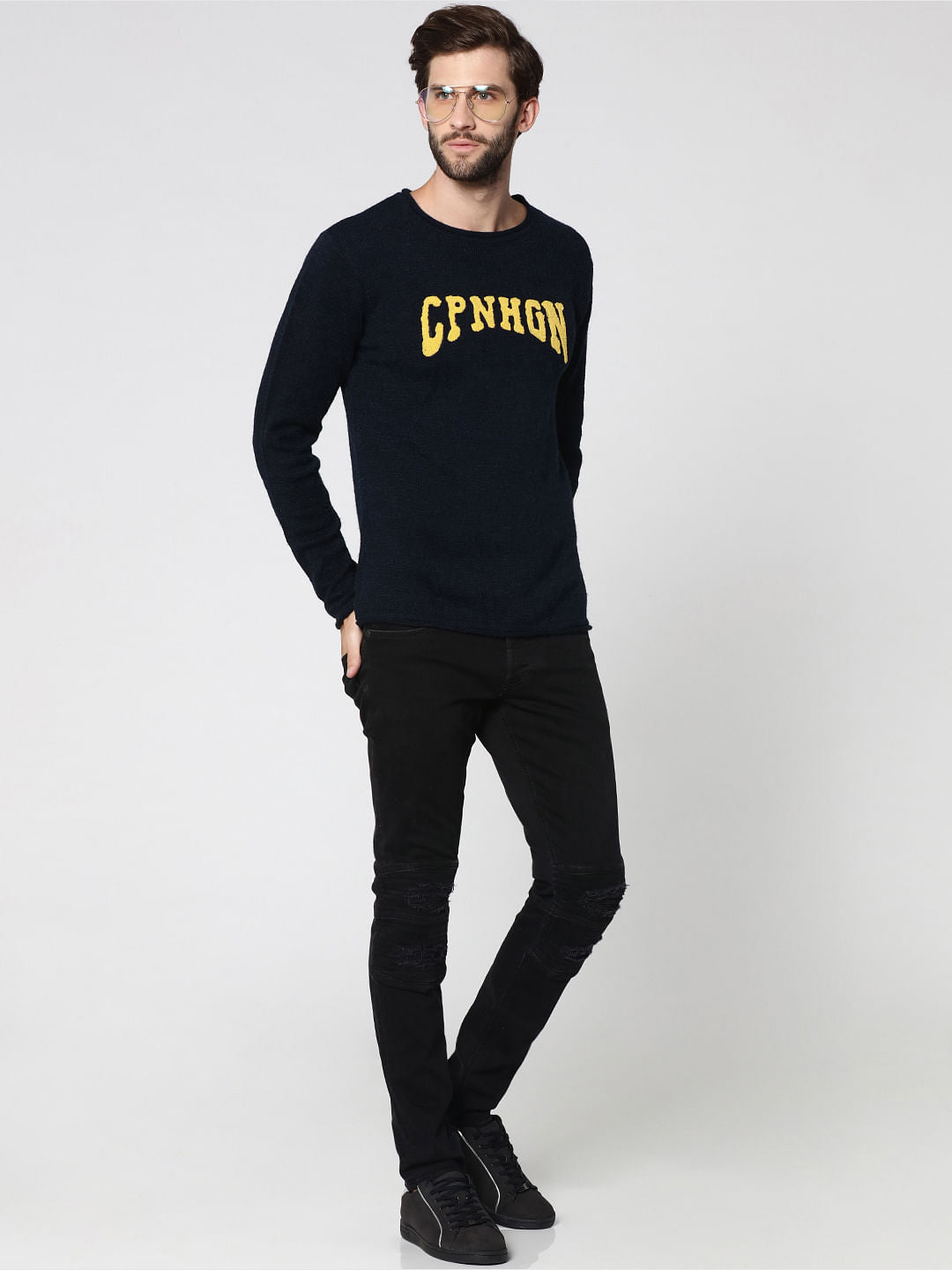 Dark Blue Text Print Pullover