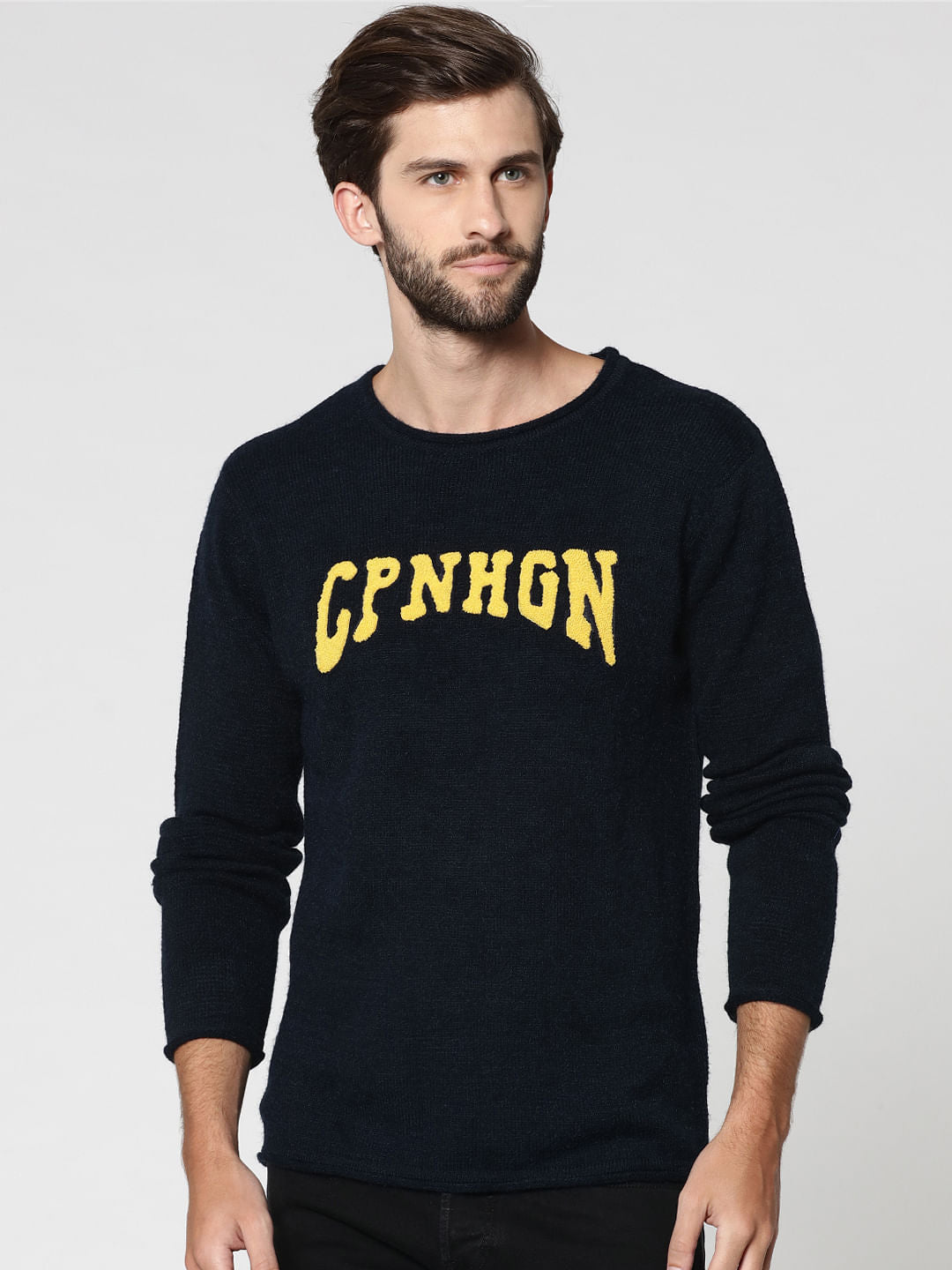 Dark Blue Text Print Pullover - S