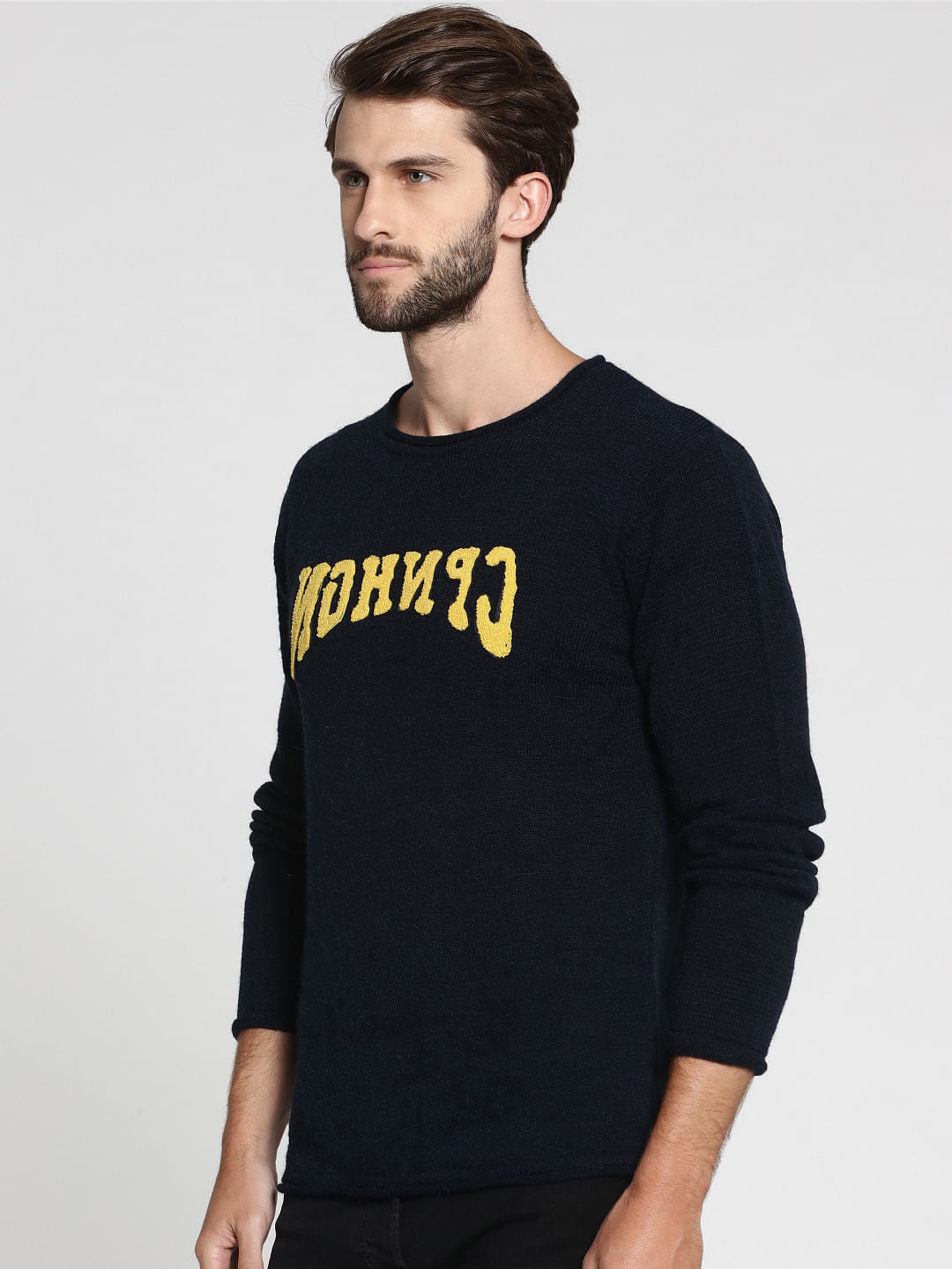 Dark Blue Text Print Pullover