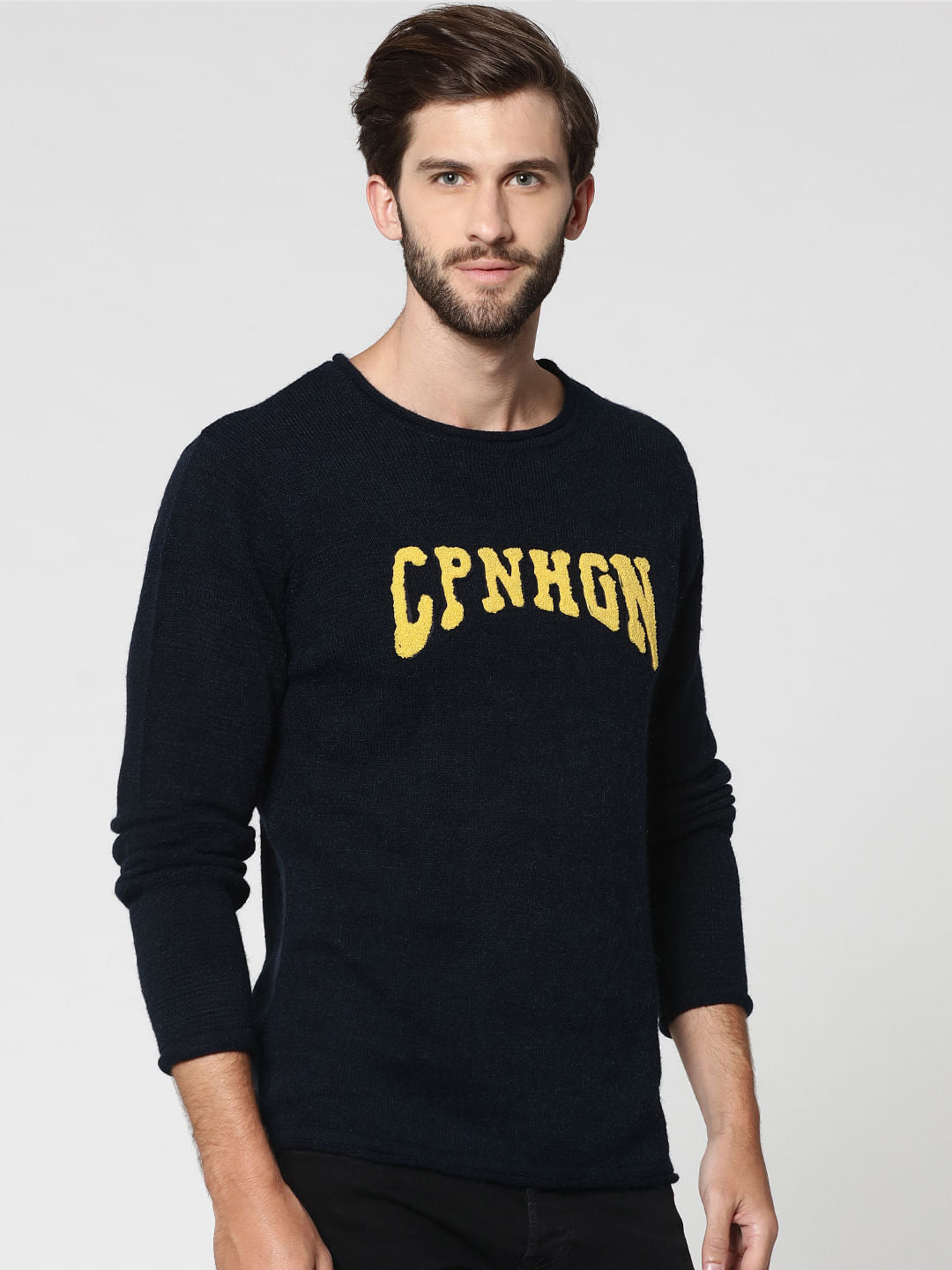 Dark Blue Text Print Pullover