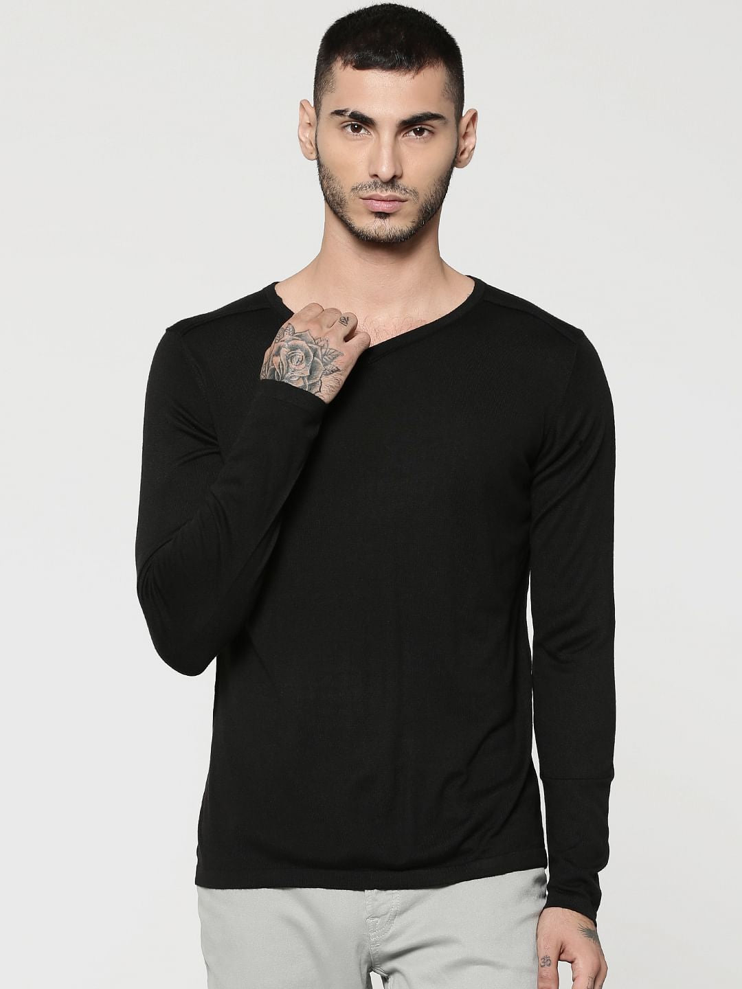 Black V-Neck Full Sleeves T-Shirt - S
