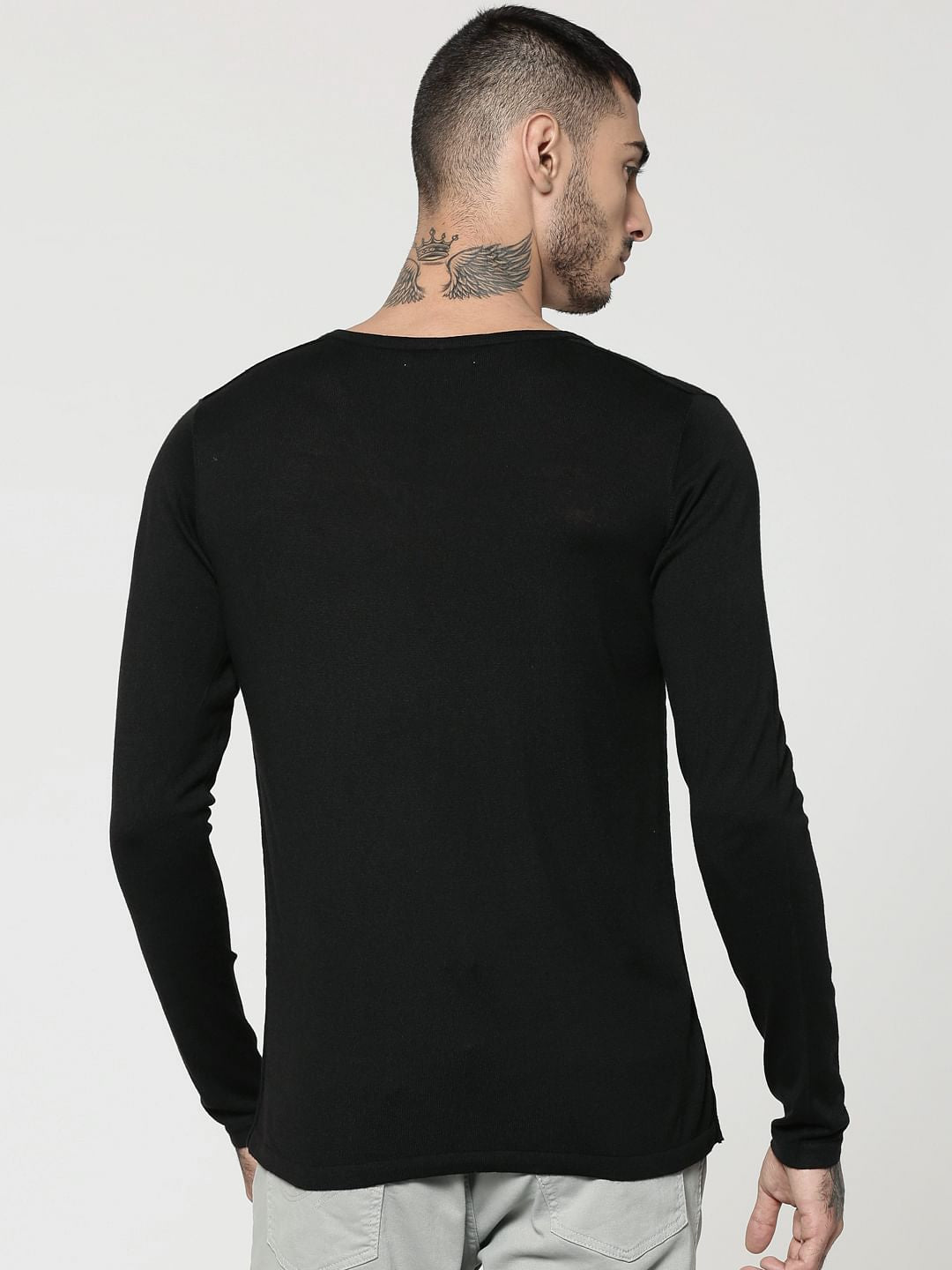 Black V-Neck Full Sleeves T-Shirt