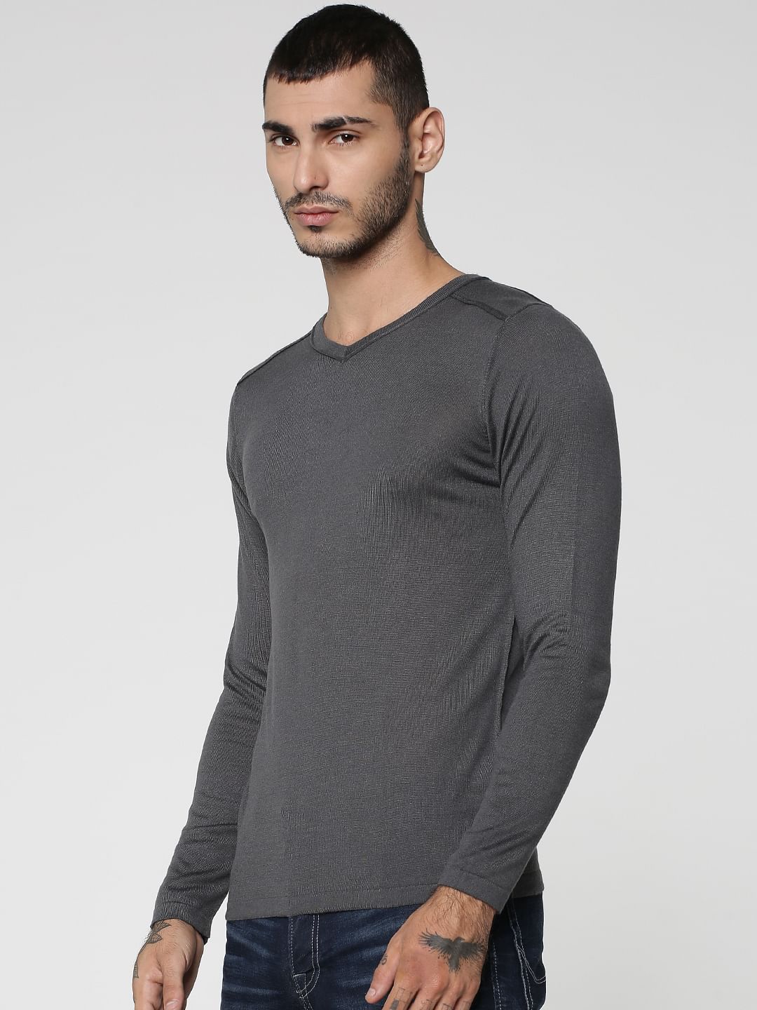 Grey V-Neck Sweatshirt - S