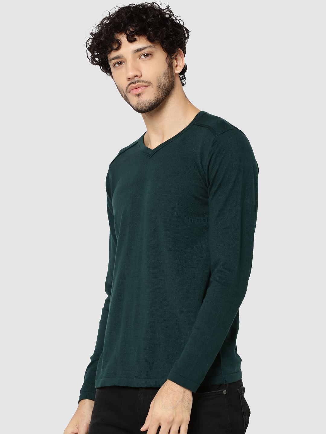 Green V-Neck Full Sleeves T-Shirt