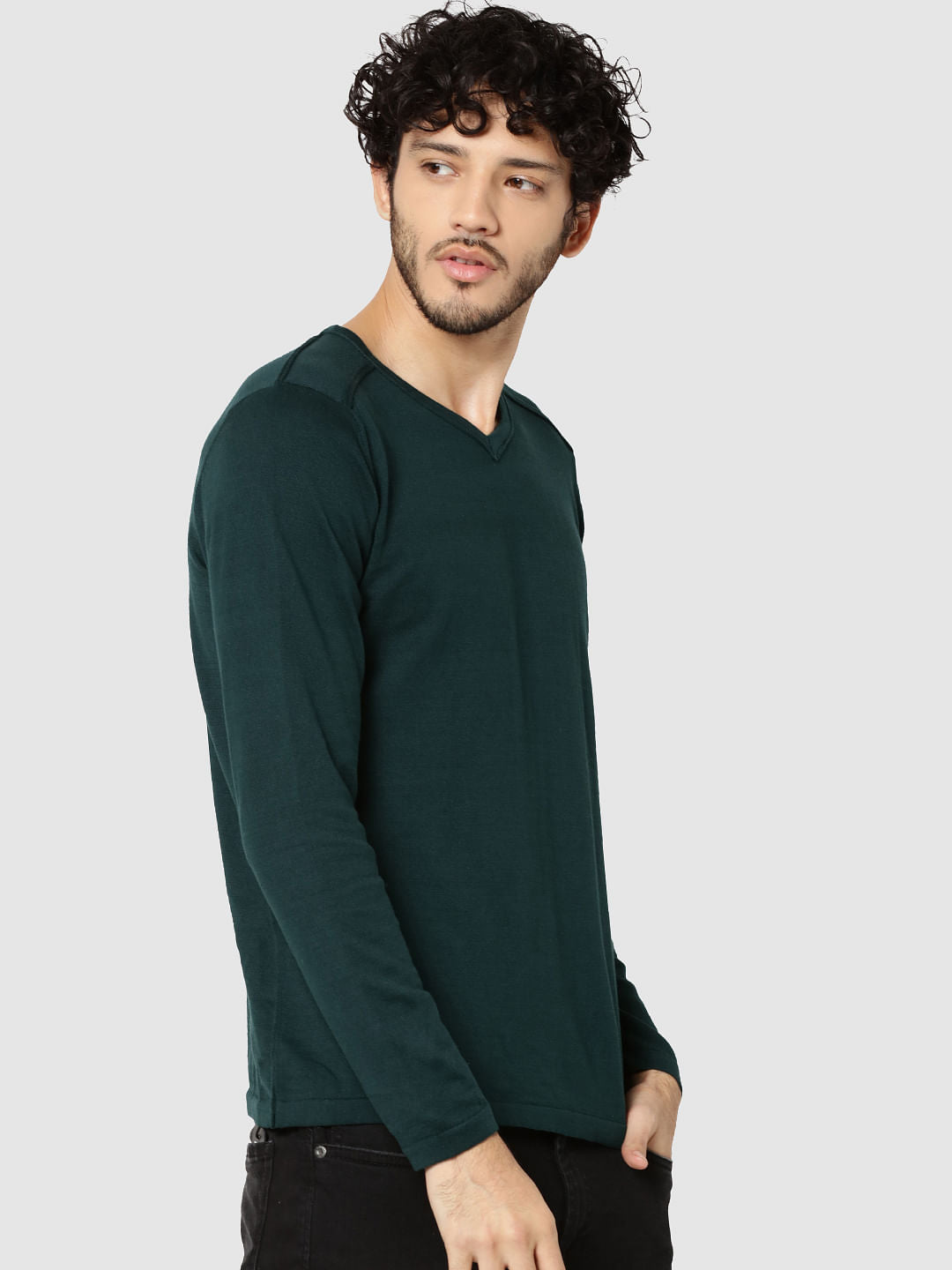 Green V-Neck Full Sleeves T-Shirt