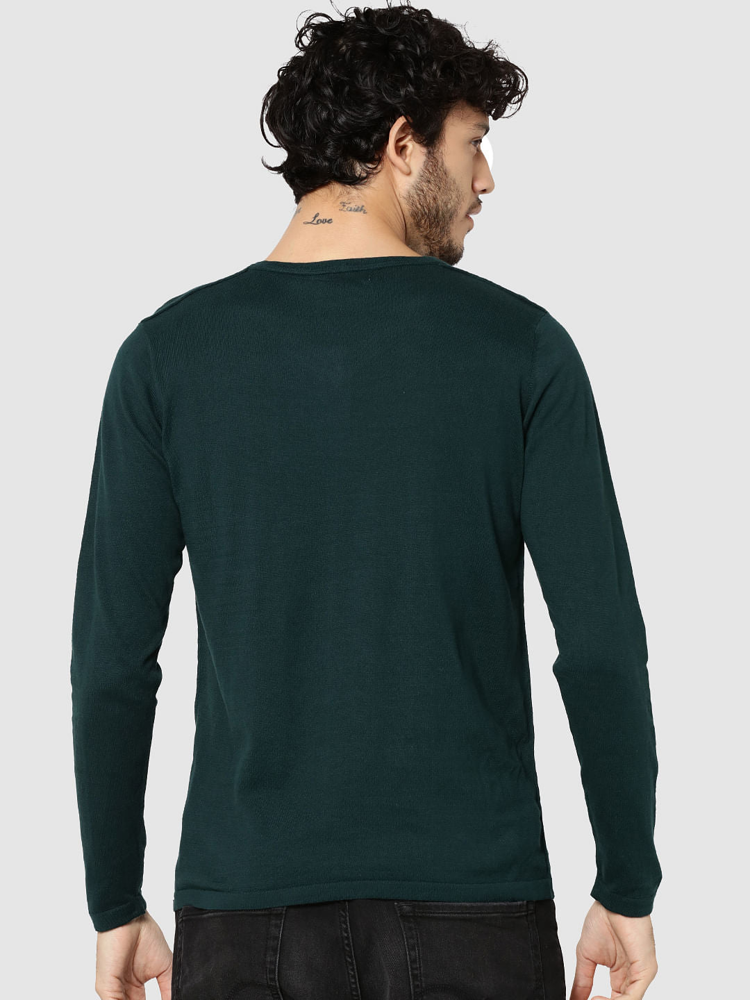 Green V-Neck Full Sleeves T-Shirt