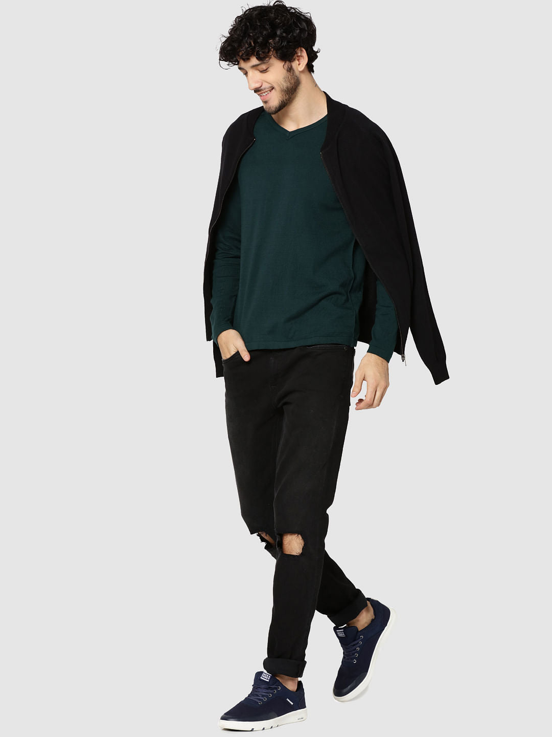 Green V-Neck Full Sleeves T-Shirt