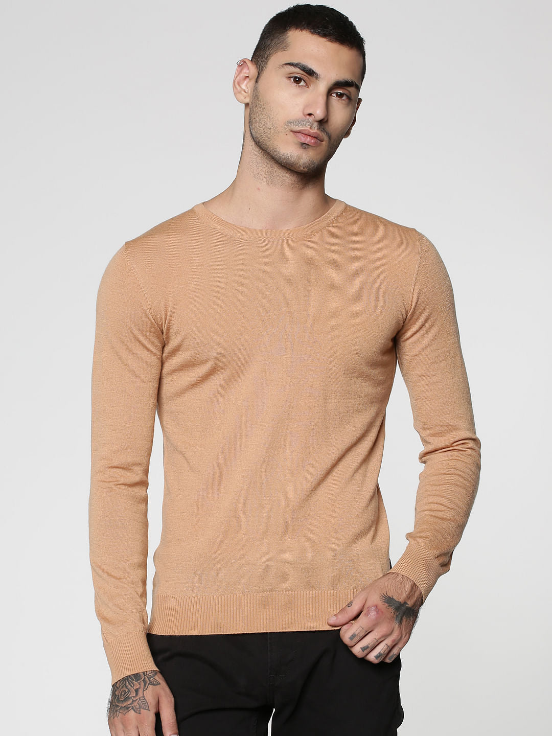 Brown Knit Crew Neck Sweatshirt - S