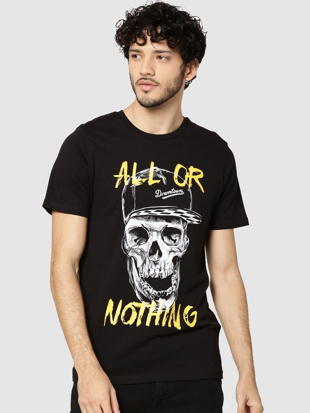 Black Skull Print Crew Neck T-Shirt - S
