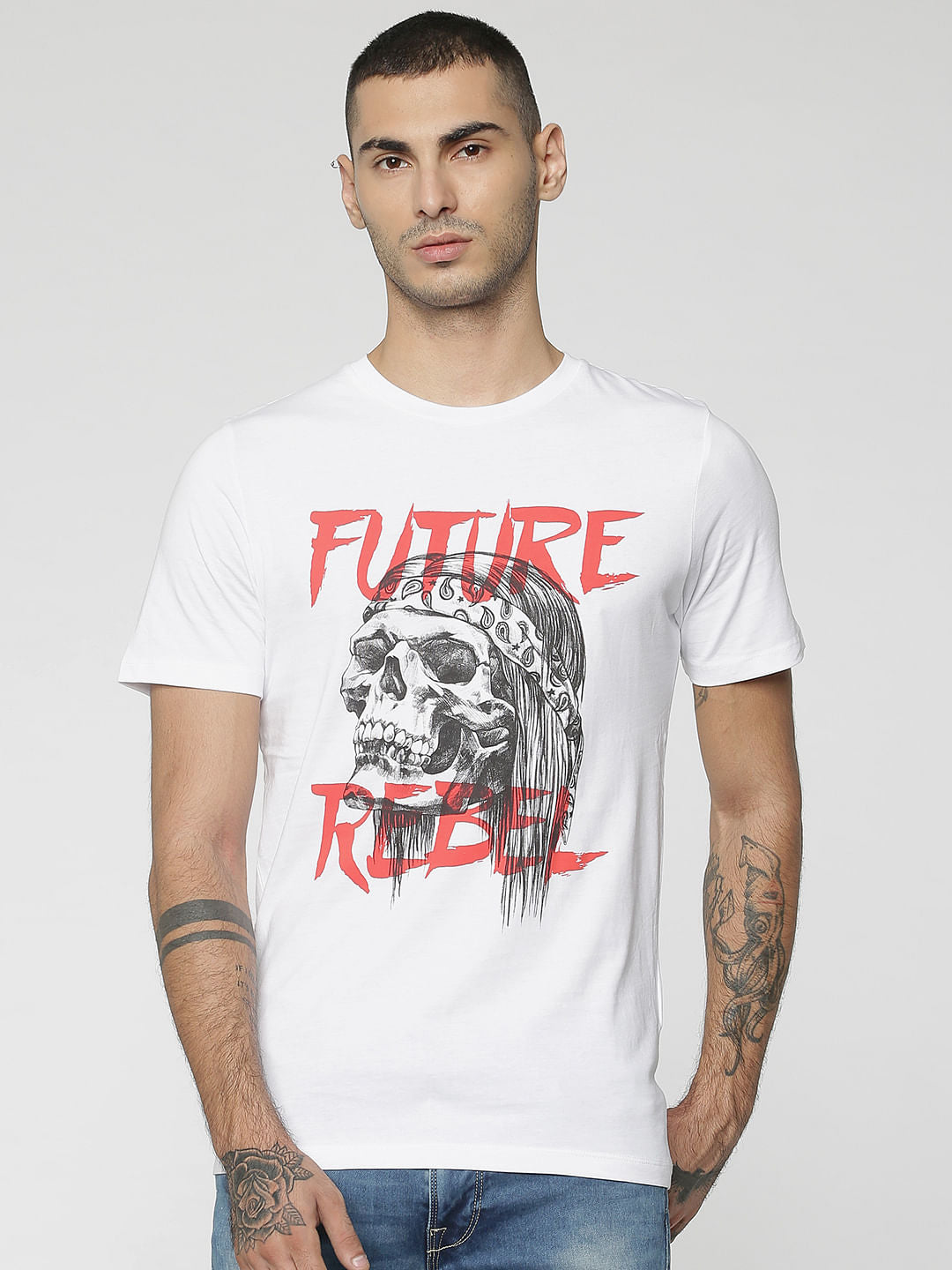 White Skull & Text Print Crew Neck T-Shirt - S