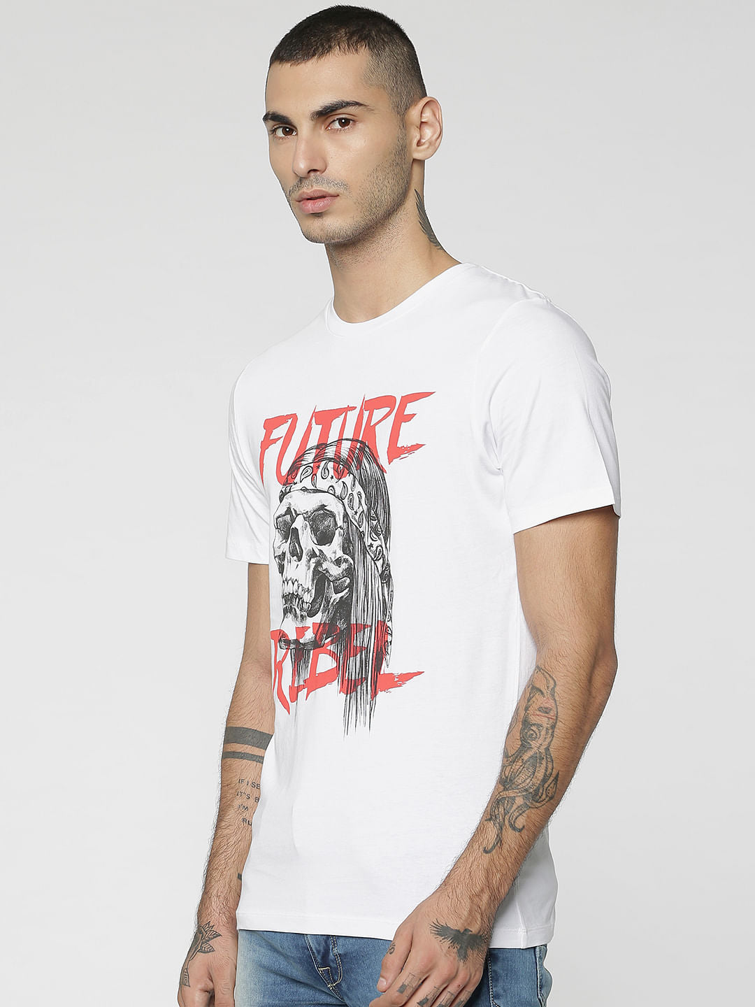 White Skull & Text Print Crew Neck T-Shirt