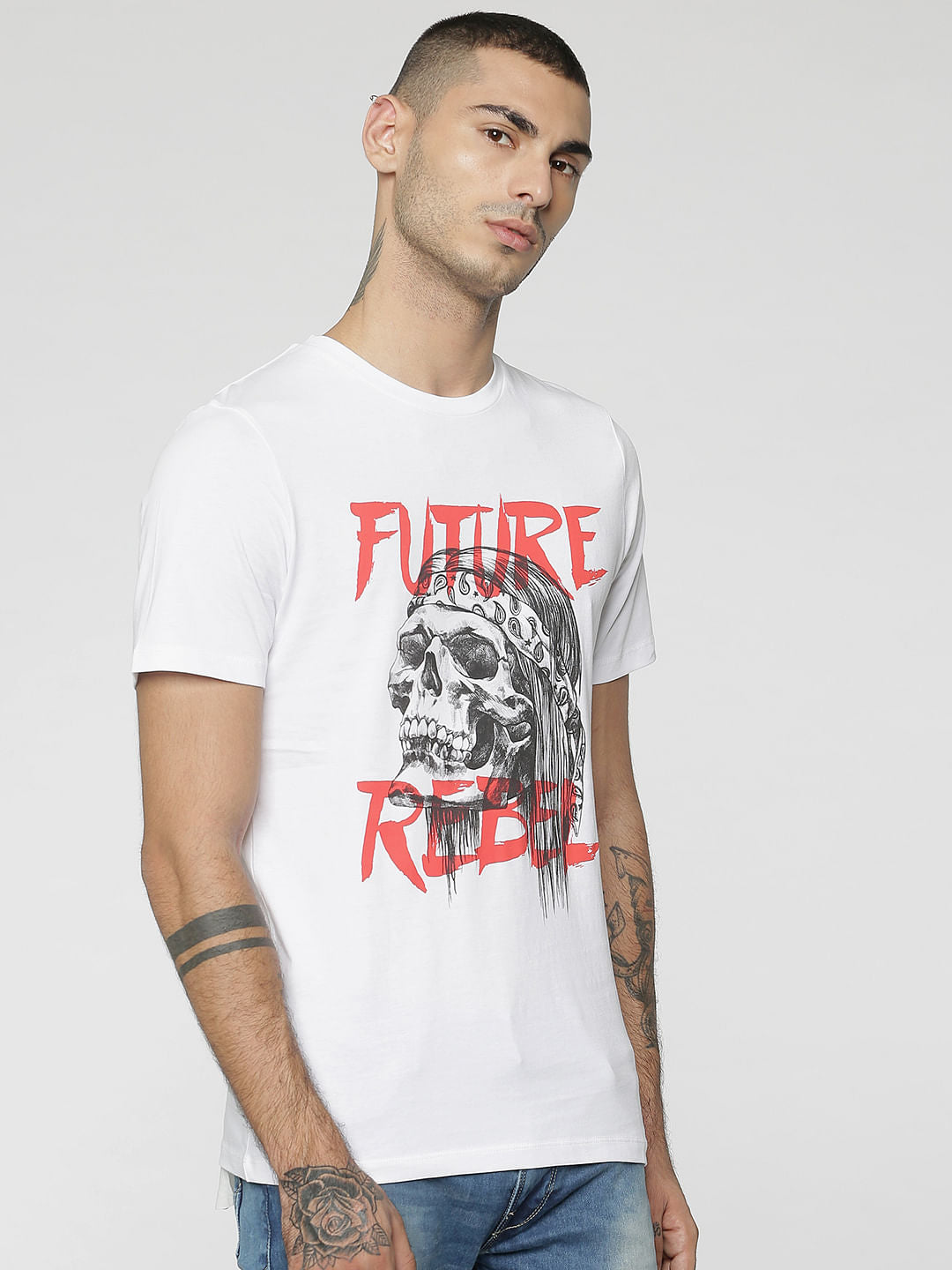 White Skull & Text Print Crew Neck T-Shirt