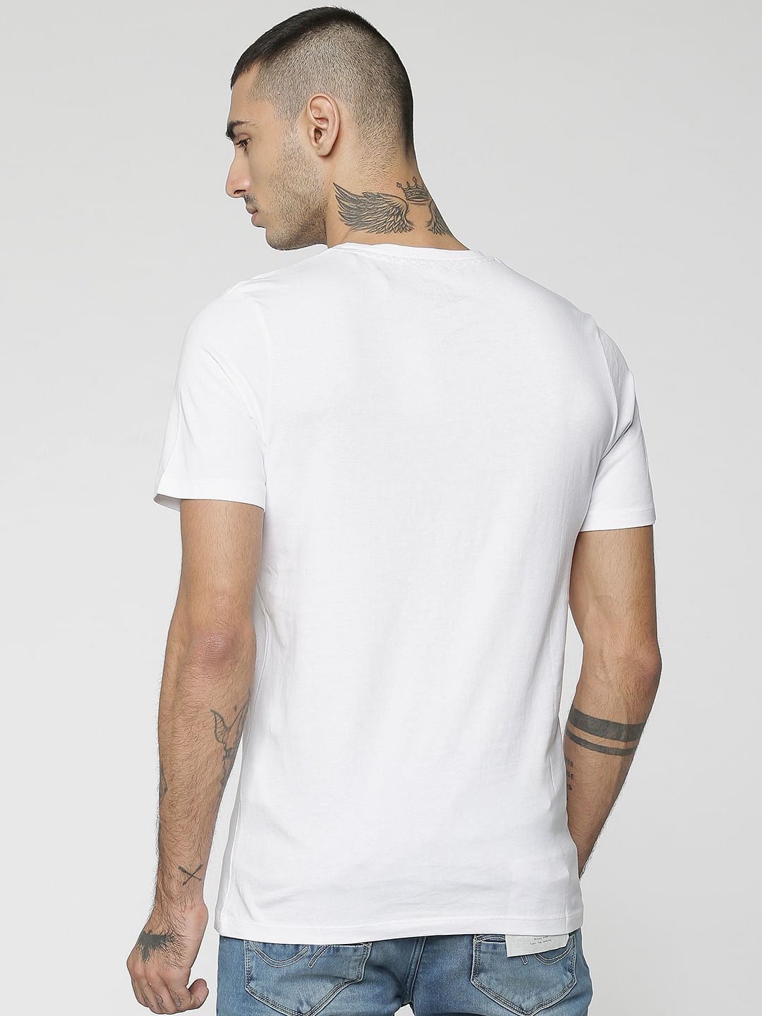 White Skull & Text Print Crew Neck T-Shirt