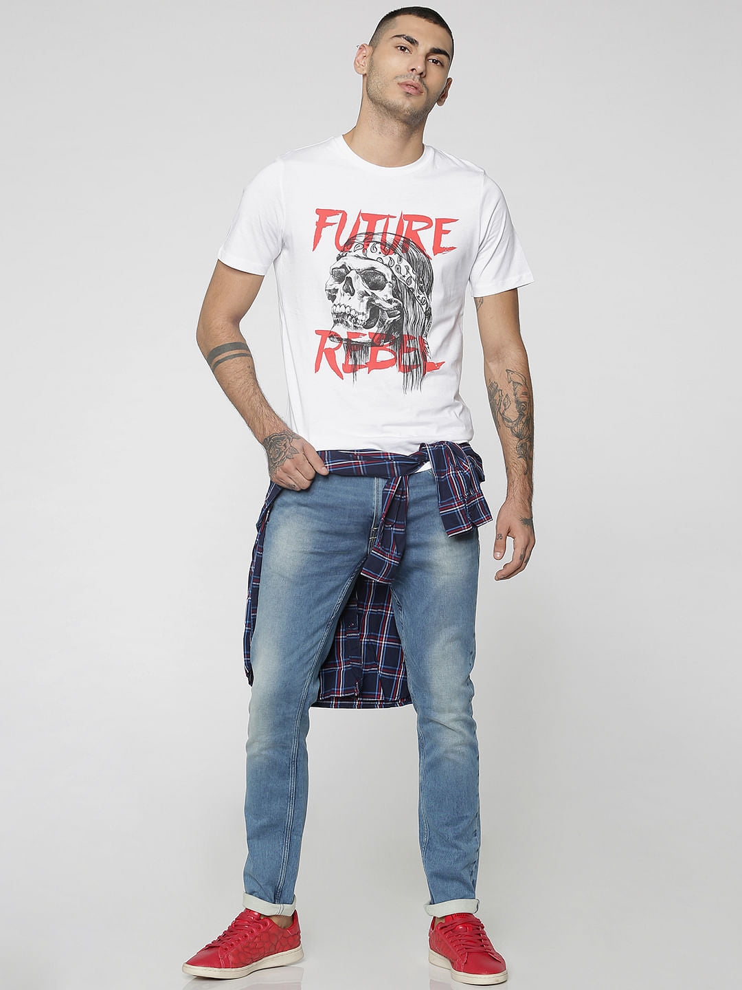 White Skull & Text Print Crew Neck T-Shirt