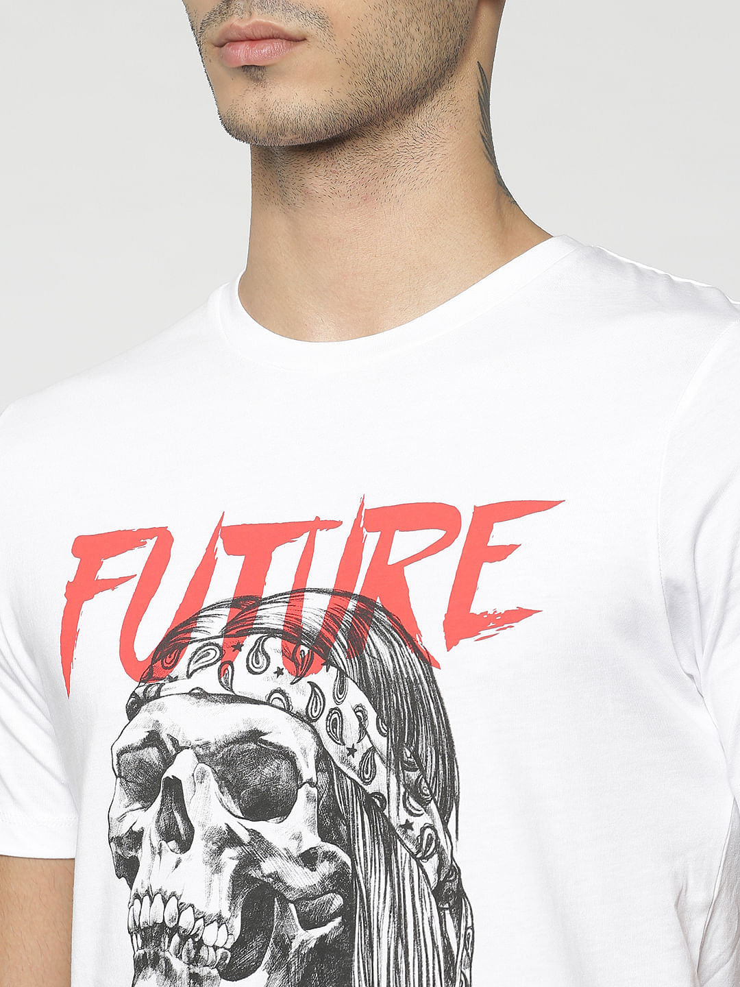 White Skull & Text Print Crew Neck T-Shirt