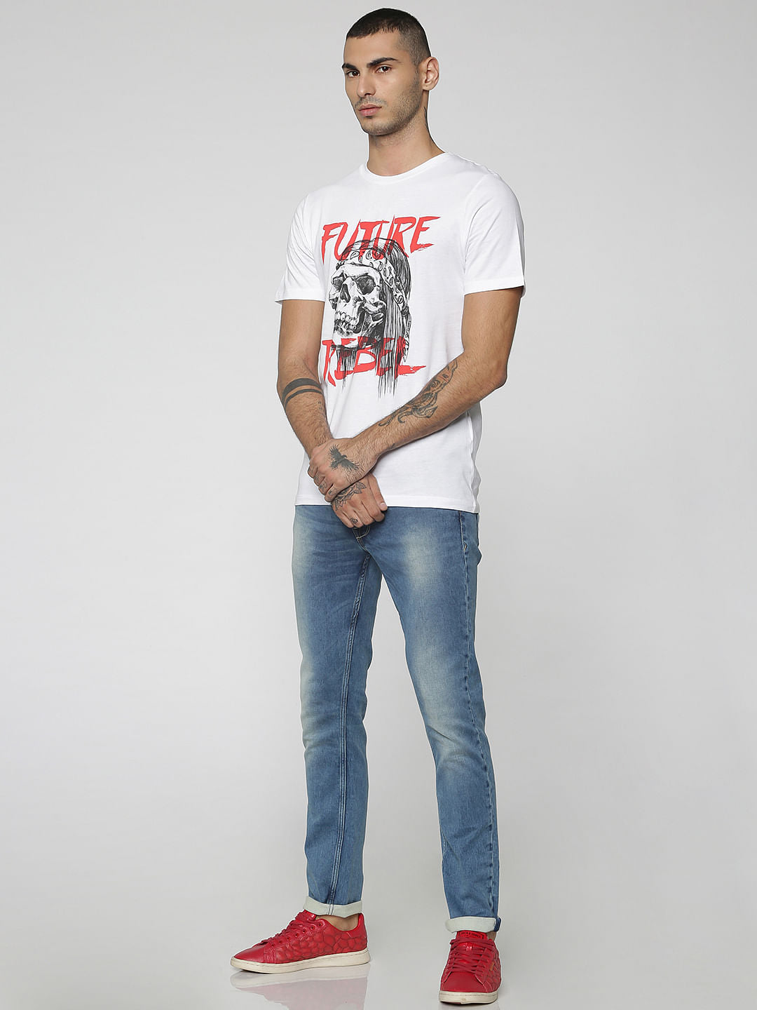 White Skull & Text Print Crew Neck T-Shirt