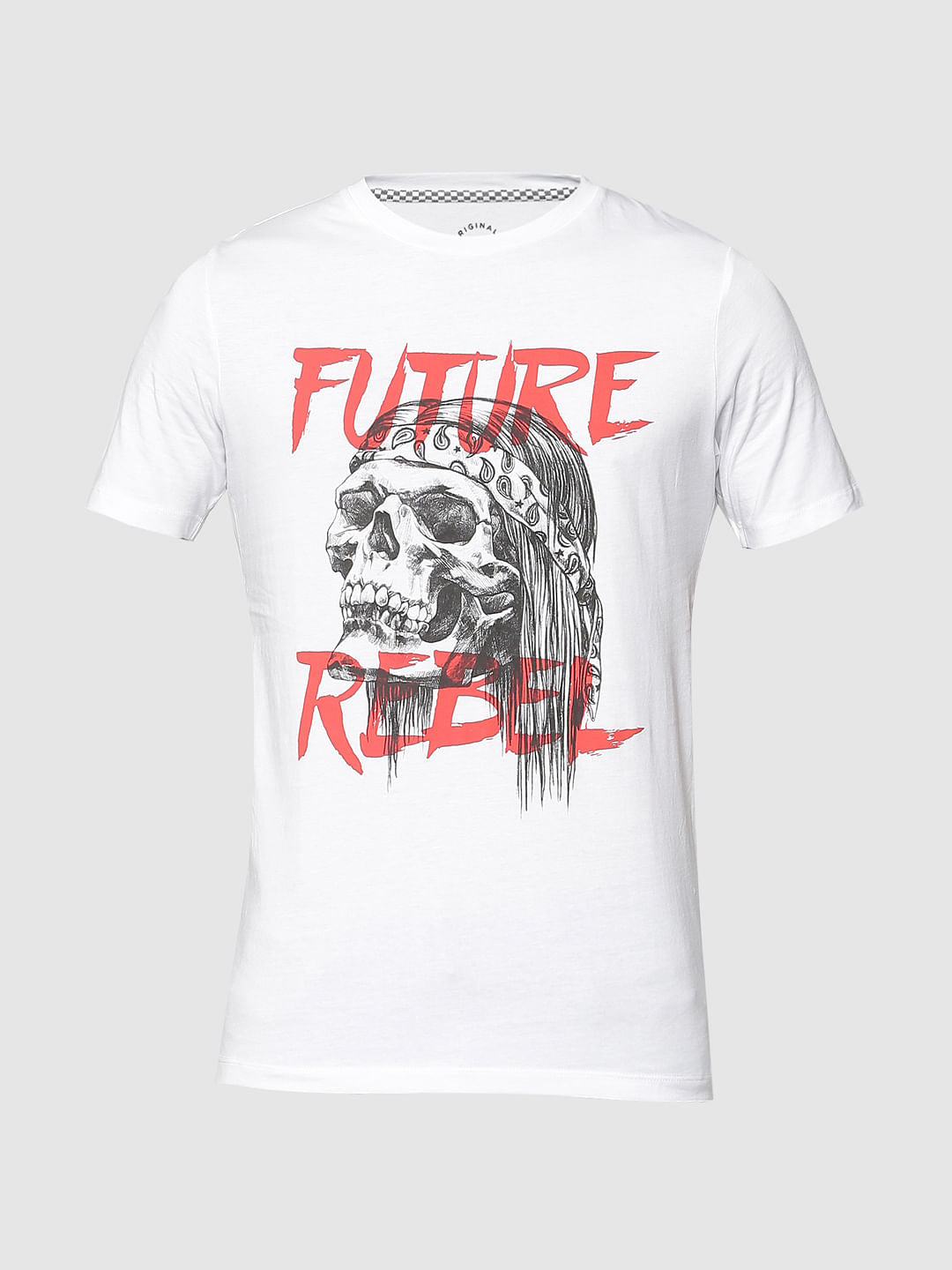 White Skull & Text Print Crew Neck T-Shirt