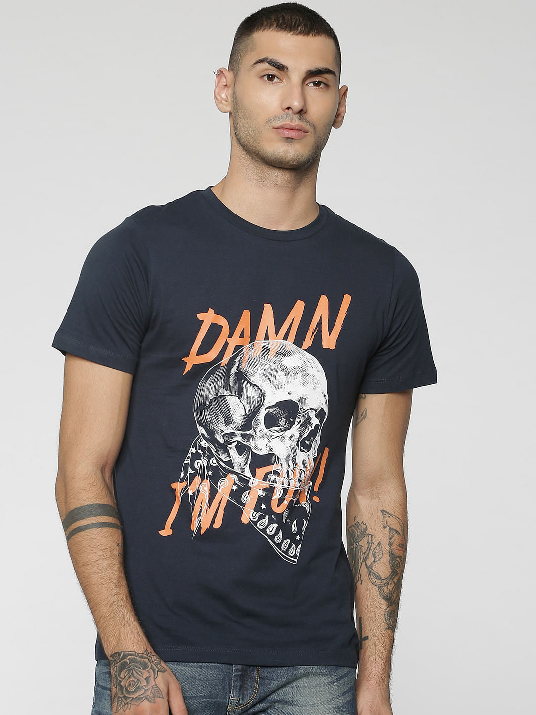 Dark Blue Skull & Graphic Print Crew Neck T-Shirt - S