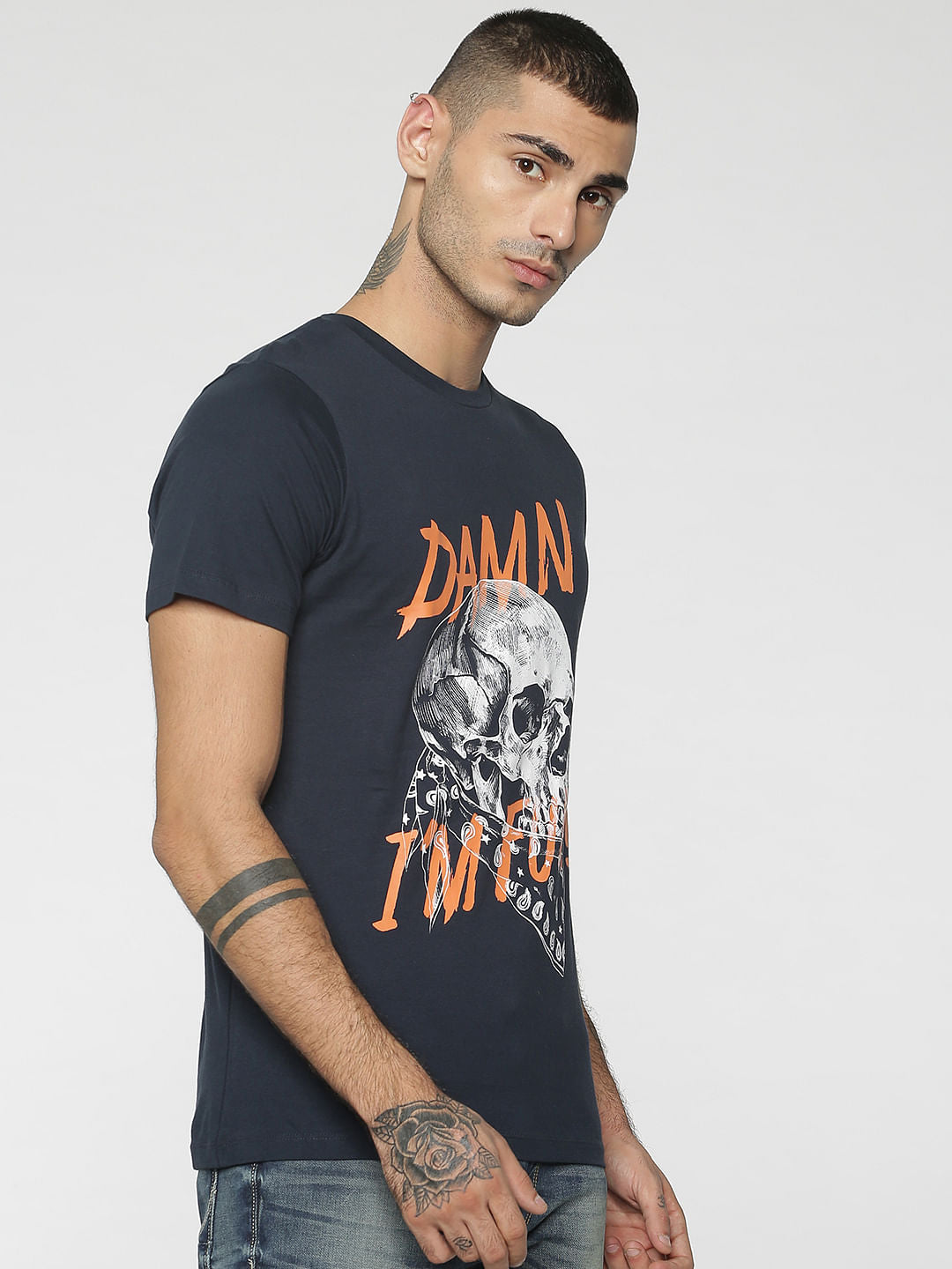 Dark Blue Skull & Graphic Print Crew Neck T-Shirt