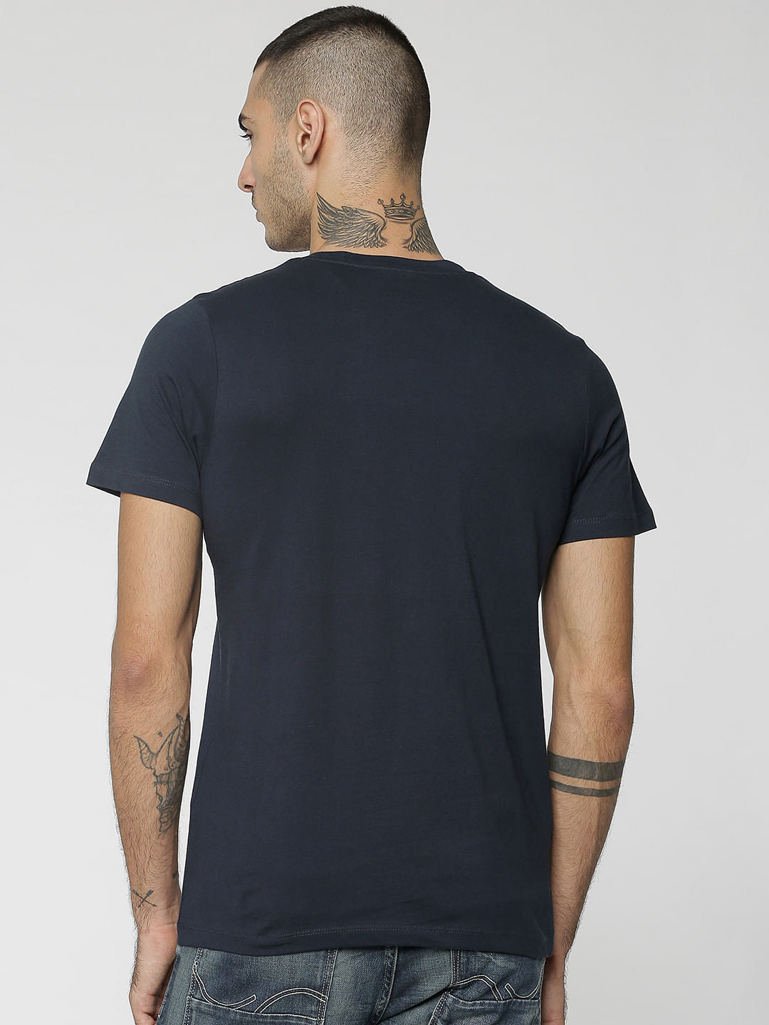 Dark Blue Skull & Graphic Print Crew Neck T-Shirt