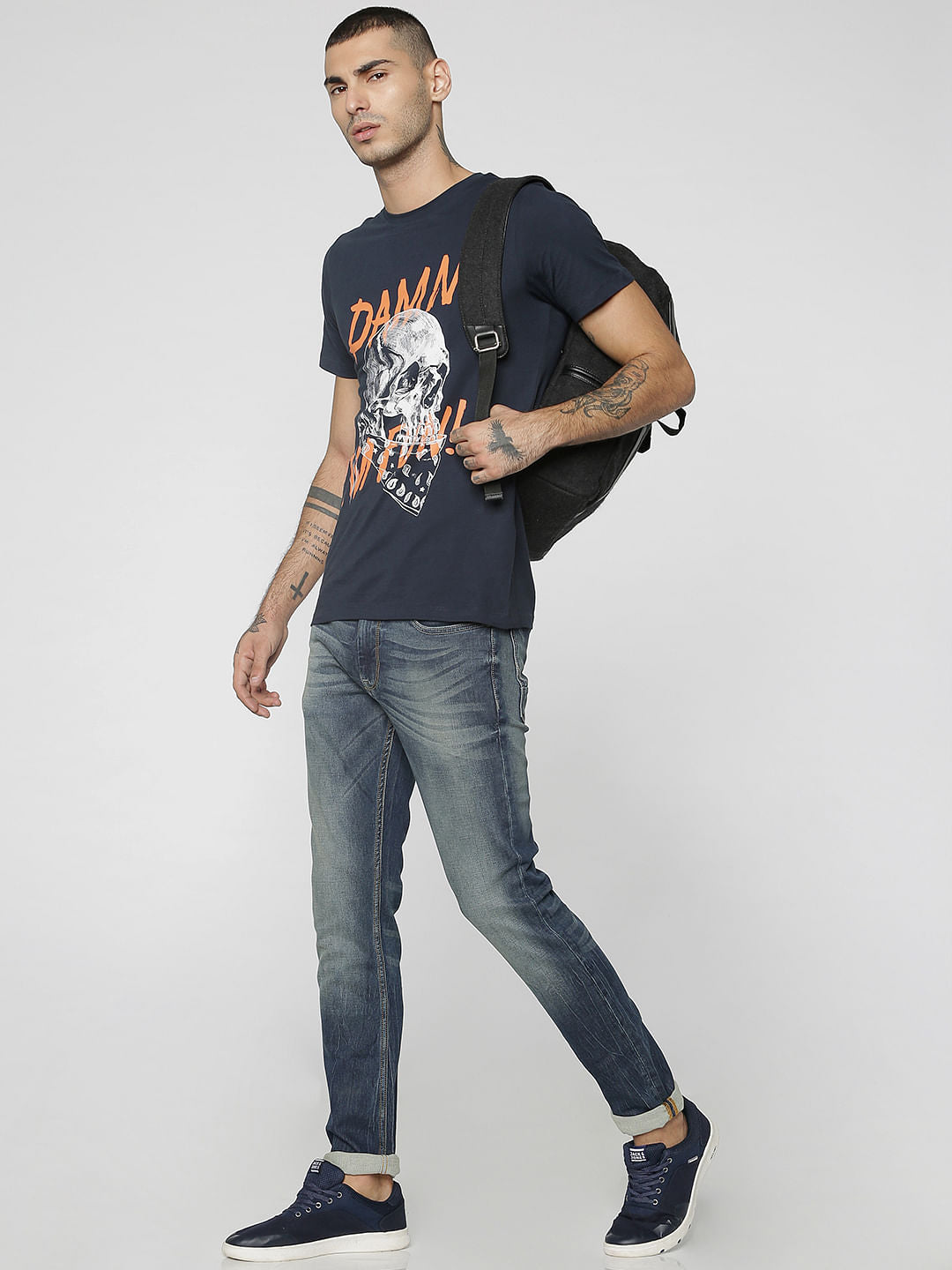 Dark Blue Skull & Graphic Print Crew Neck T-Shirt