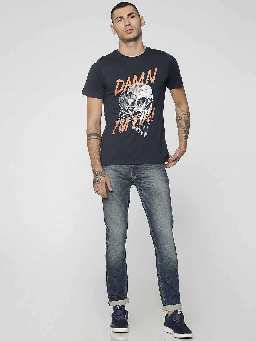 Dark Blue Skull & Graphic Print Crew Neck T-Shirt