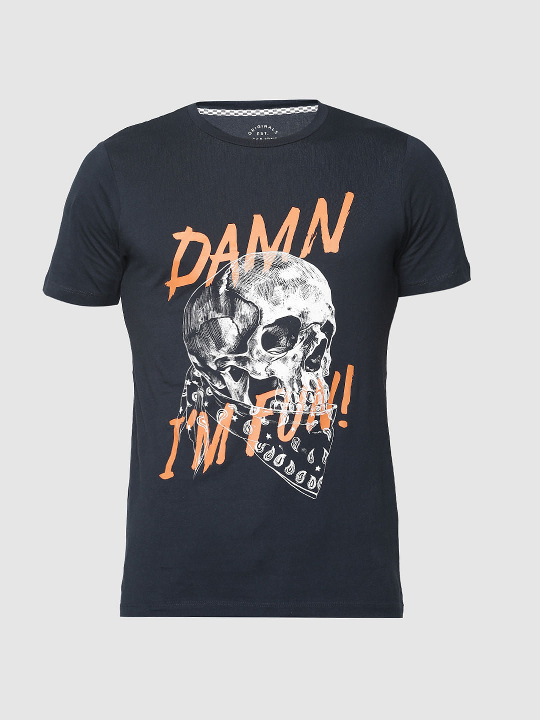 Dark Blue Skull & Graphic Print Crew Neck T-Shirt
